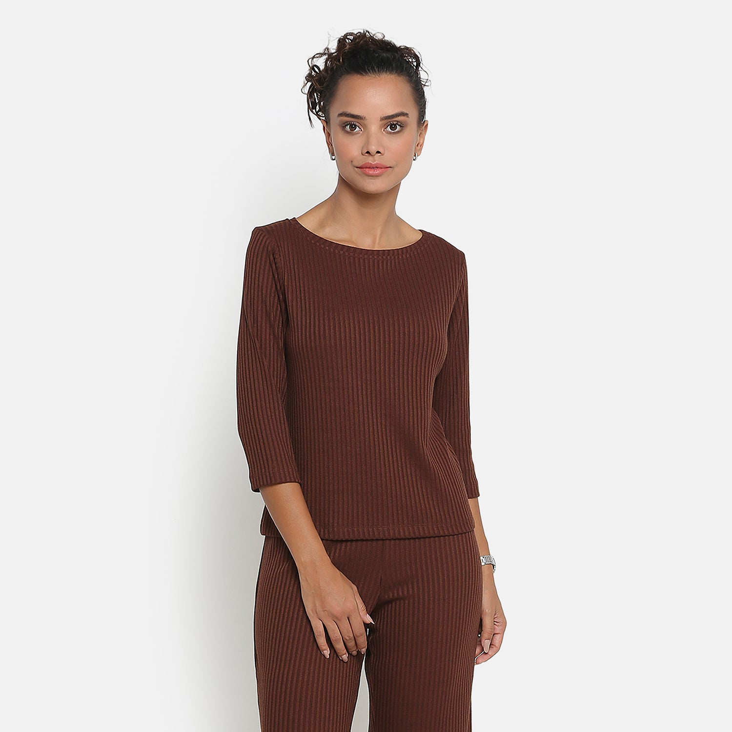 Brown Ribbed Top with Sleeves
