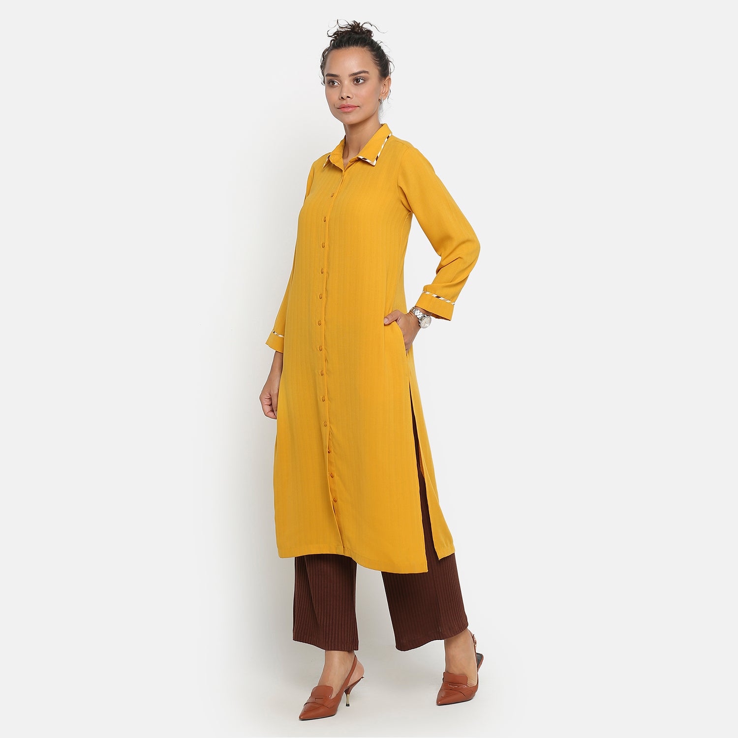 Yellow Shirt Collar Kurta for Women-3