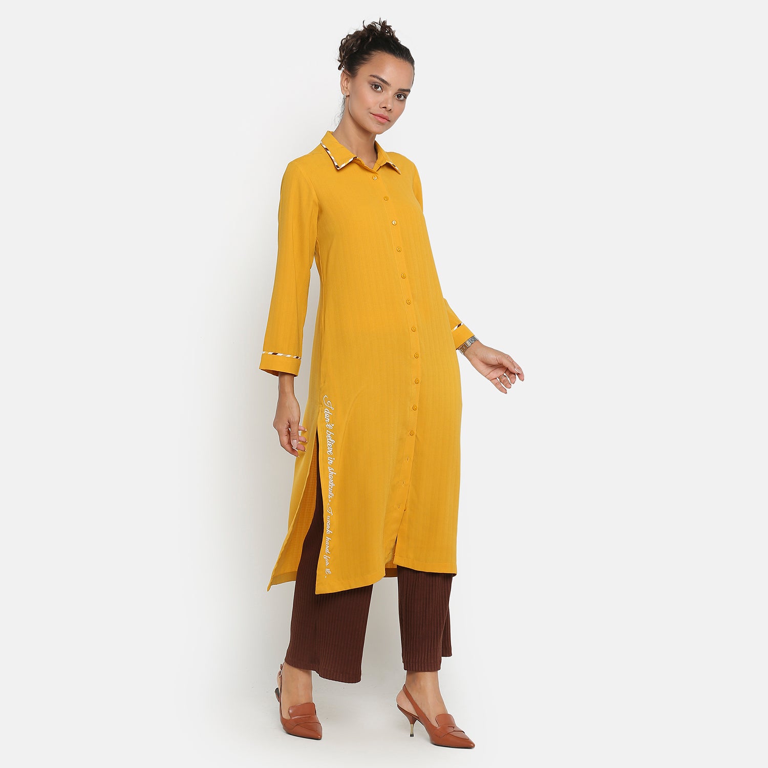 Yellow Shirt Collar Kurta for Women-4