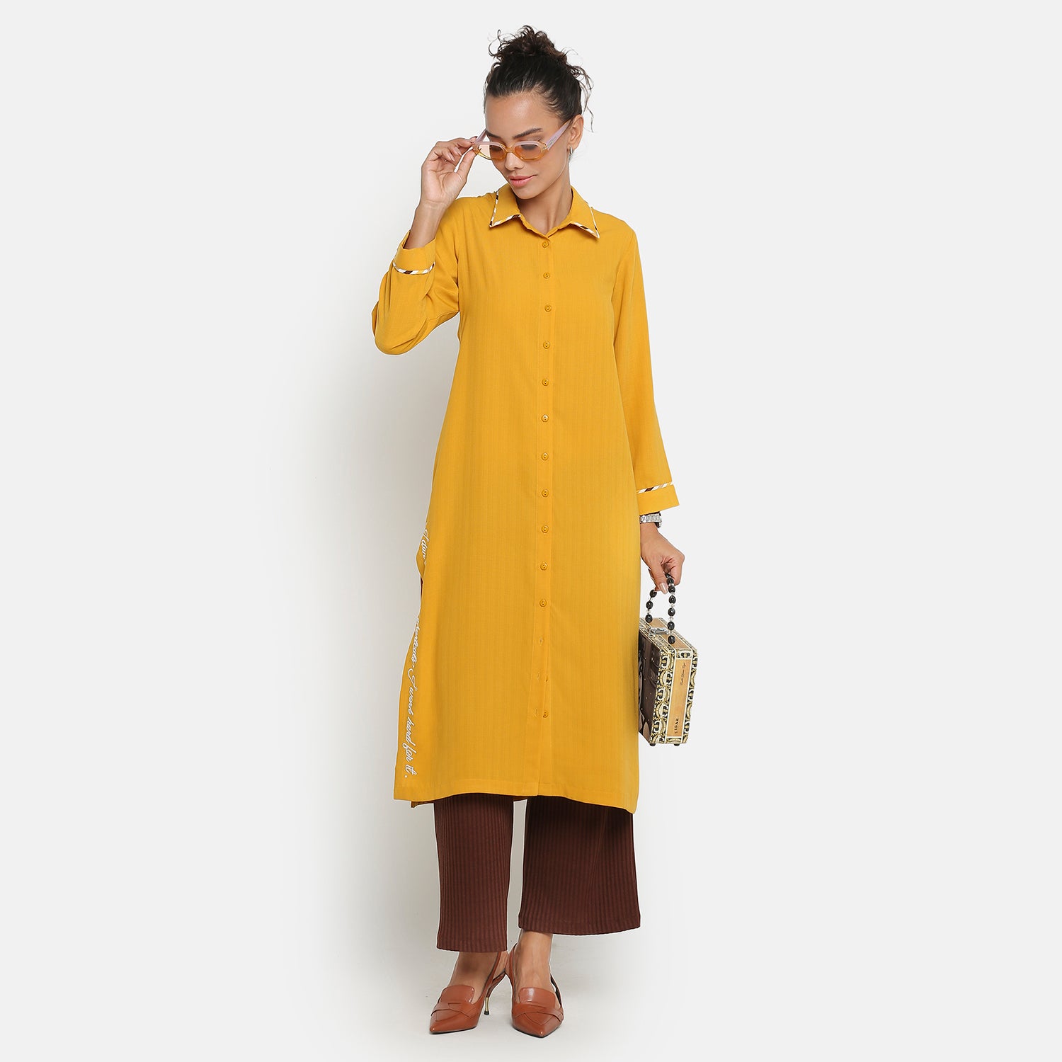 Yellow Shirt Collar Kurta for Women-1
