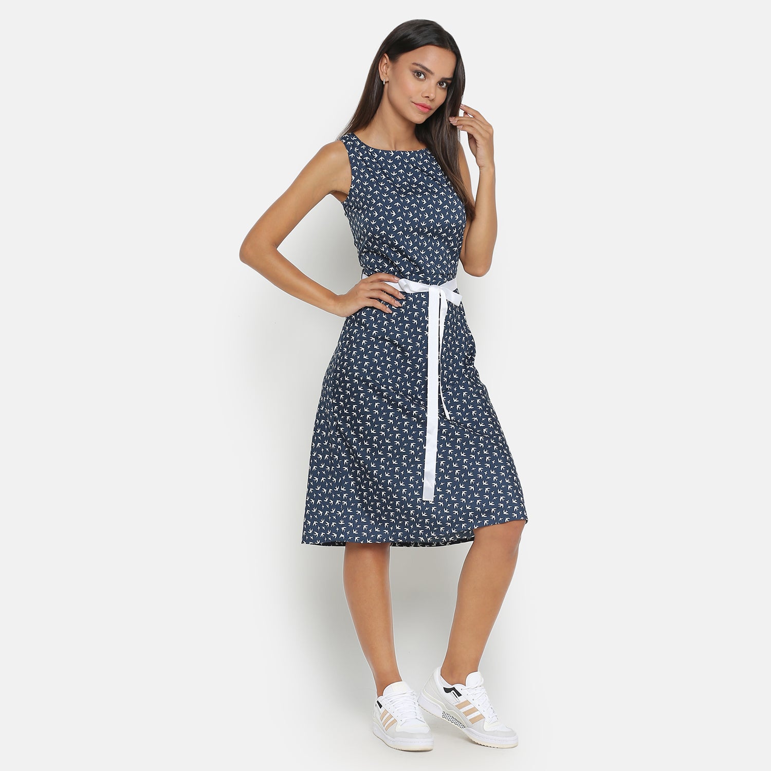 Blue Bird Printed Sleeveless Dress With White Belt