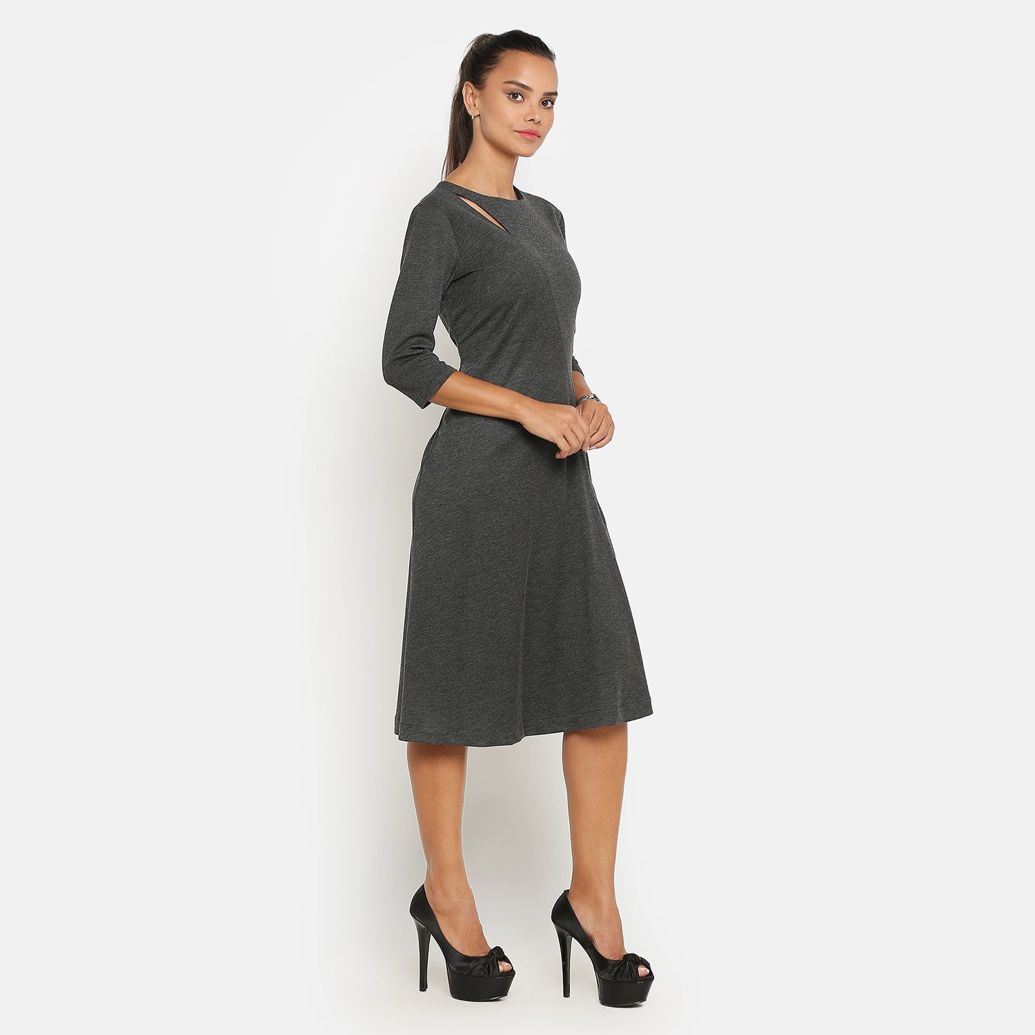 Dark Grey Knit Keyhole Asymmetric Dresses for Ladies -4