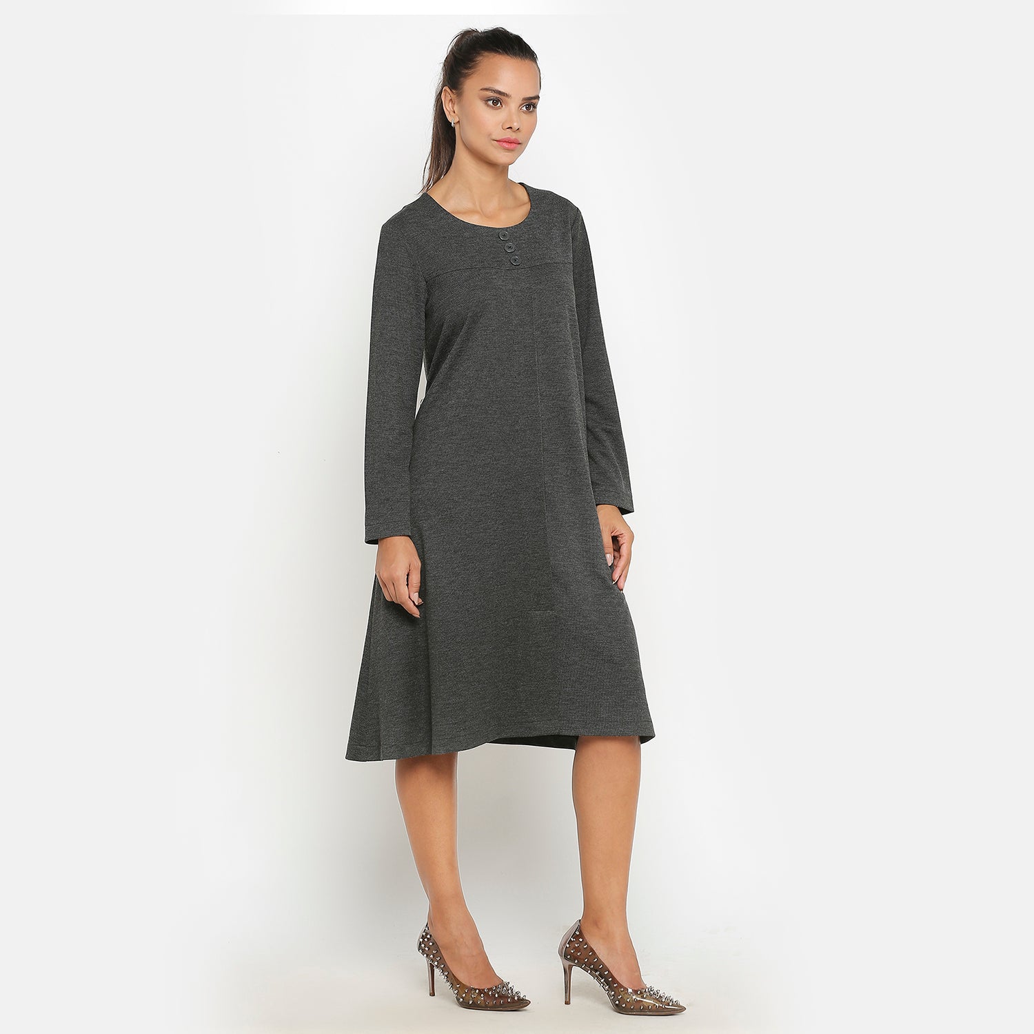 Dark Grey Knit Office Wear Dresses for Women-4