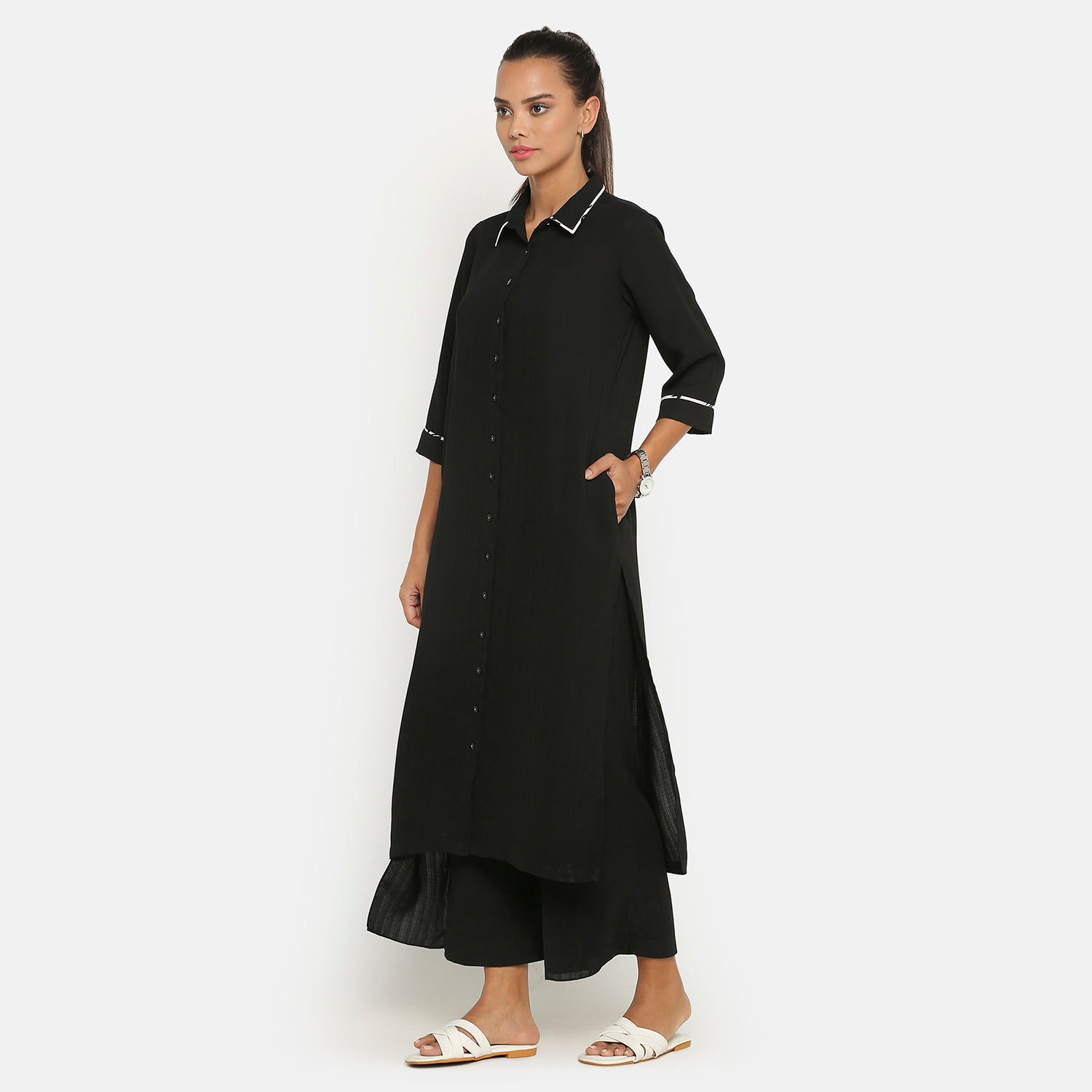 Black Shirt Collar Kurta for Women-3