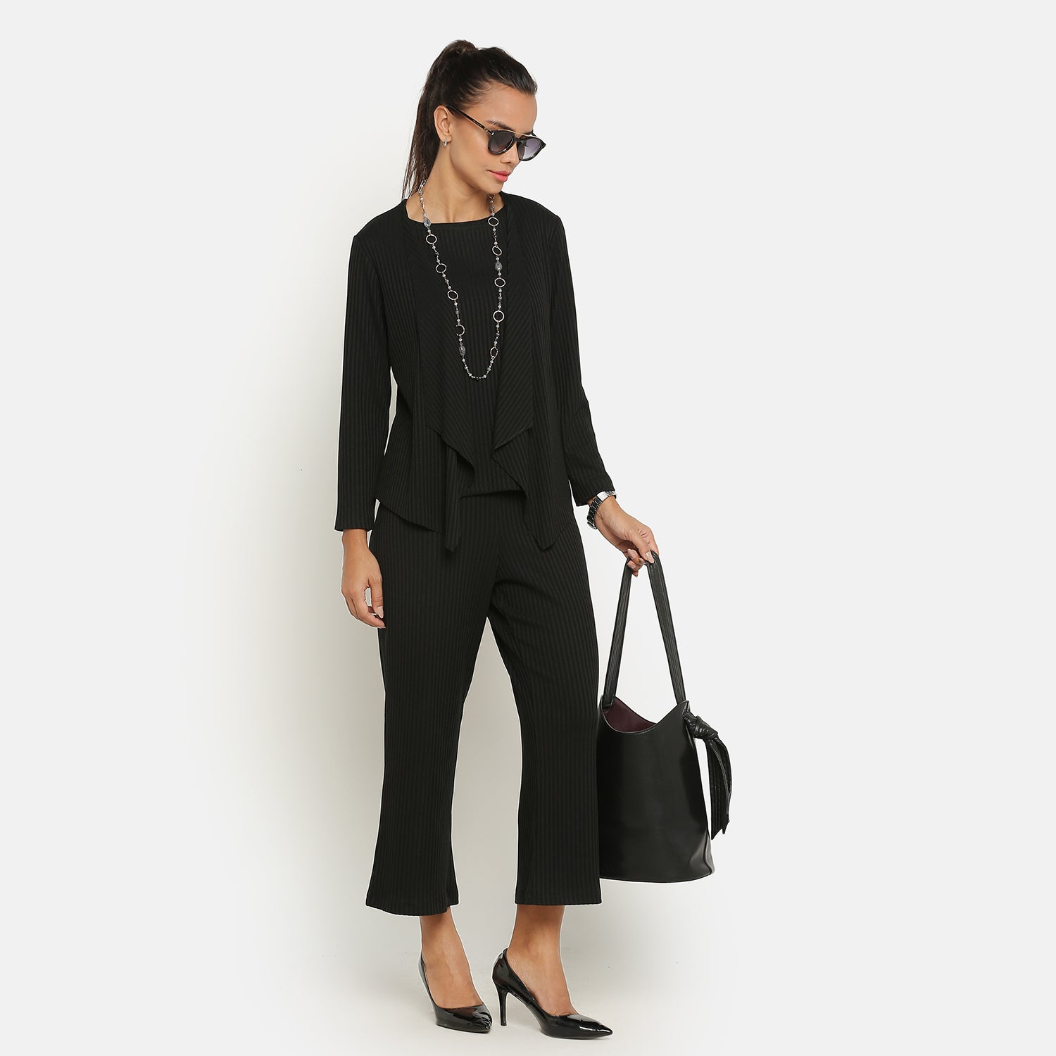 Black Ribbed Short Shrug for Women-6