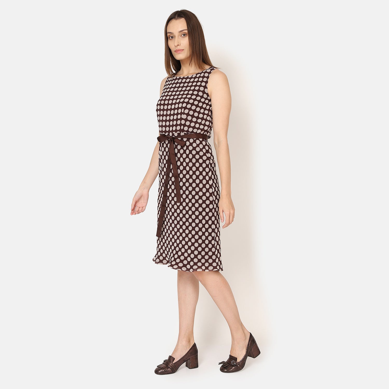 Brown Polka Dot Sleeveless Dress With Brown Belt