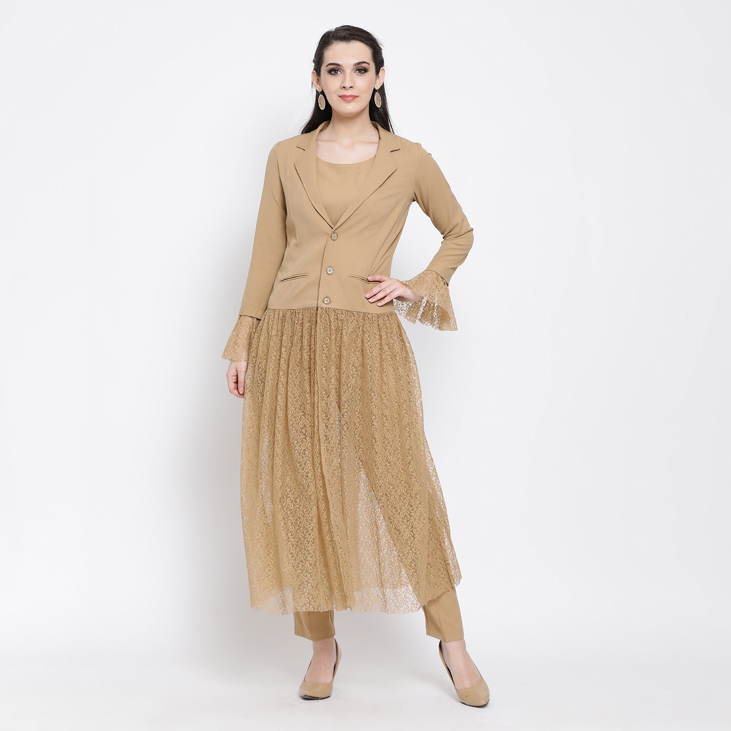 Beige Flower Net Jacket for Women-1