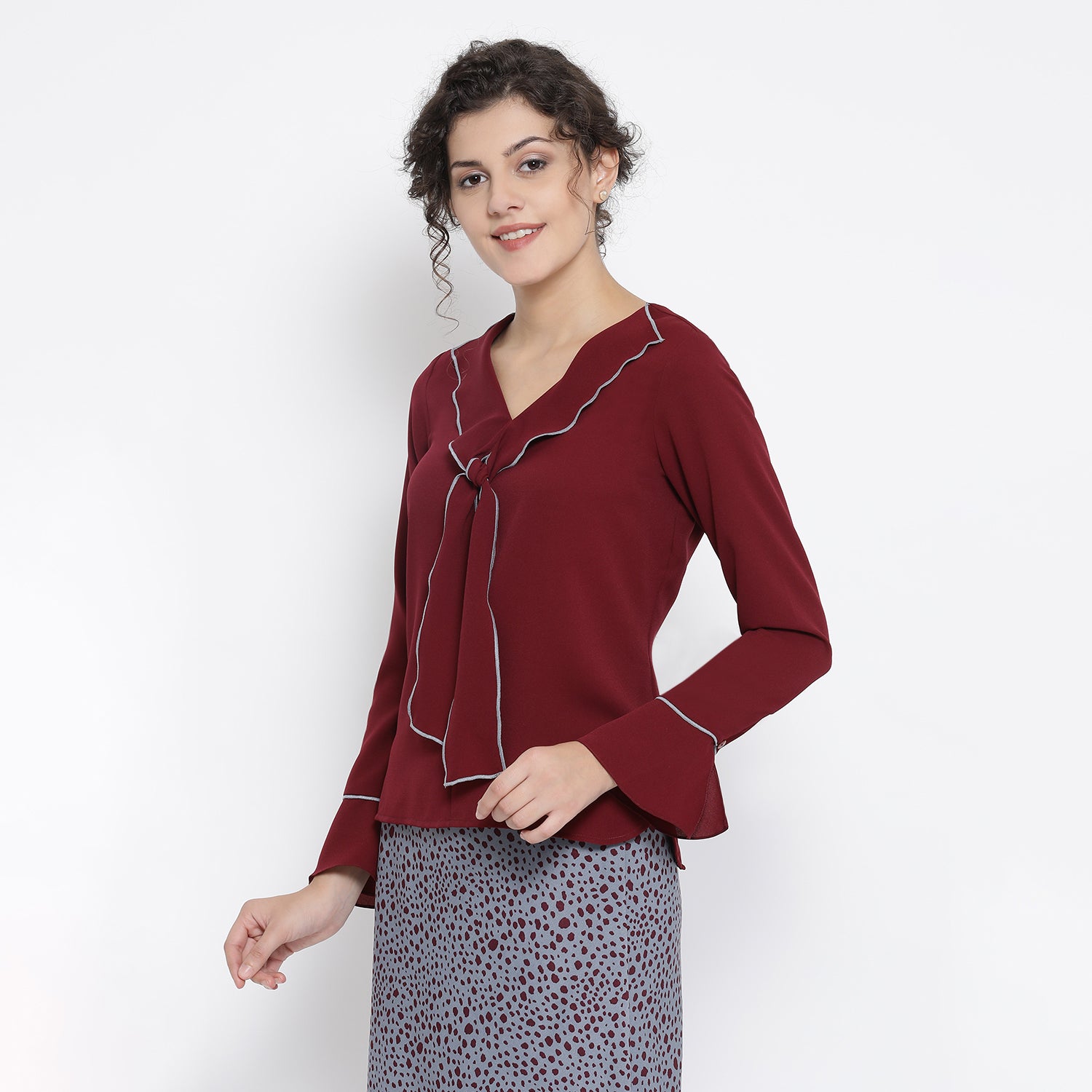 Maroon Georgette Drape Neck Top for Women Office Wear-1