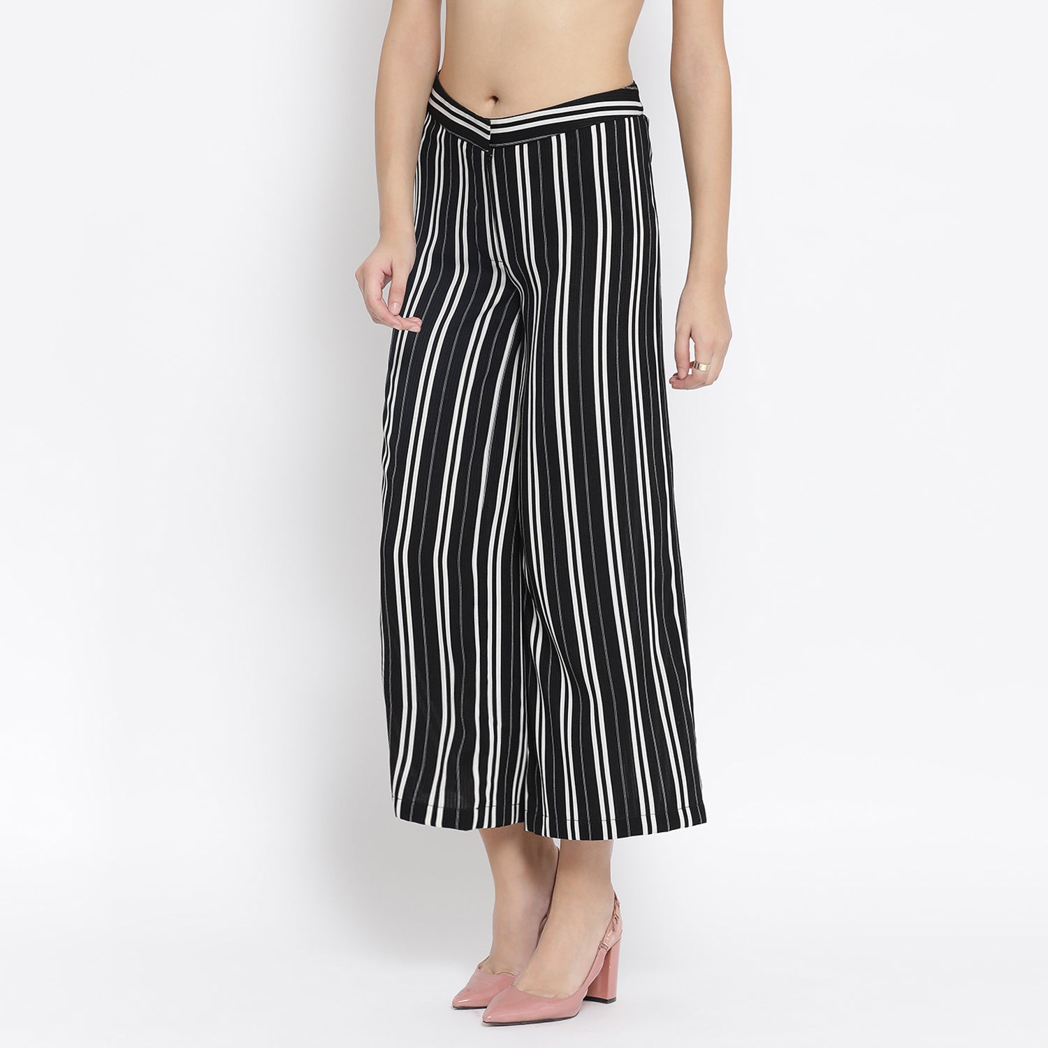 Black & White Stripe Crepe Trouser for Women-1