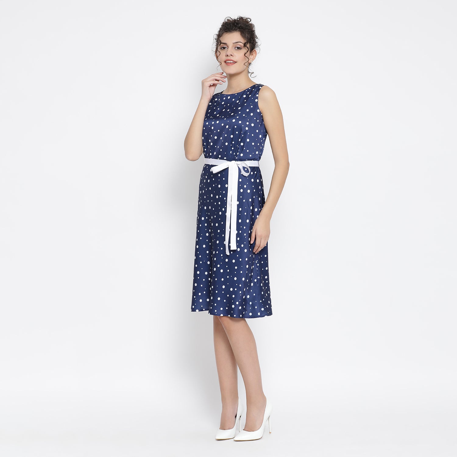 Blue White Silk Polka Sleeveless Dresses for Women-1
