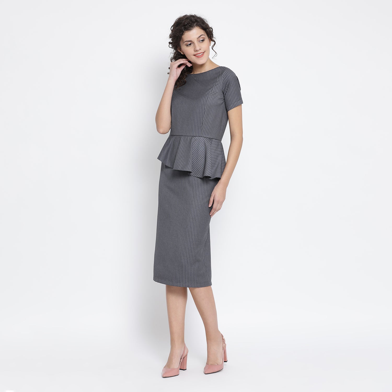 Grey Stripe Peplum Long Office Wear Dresses for Women-1