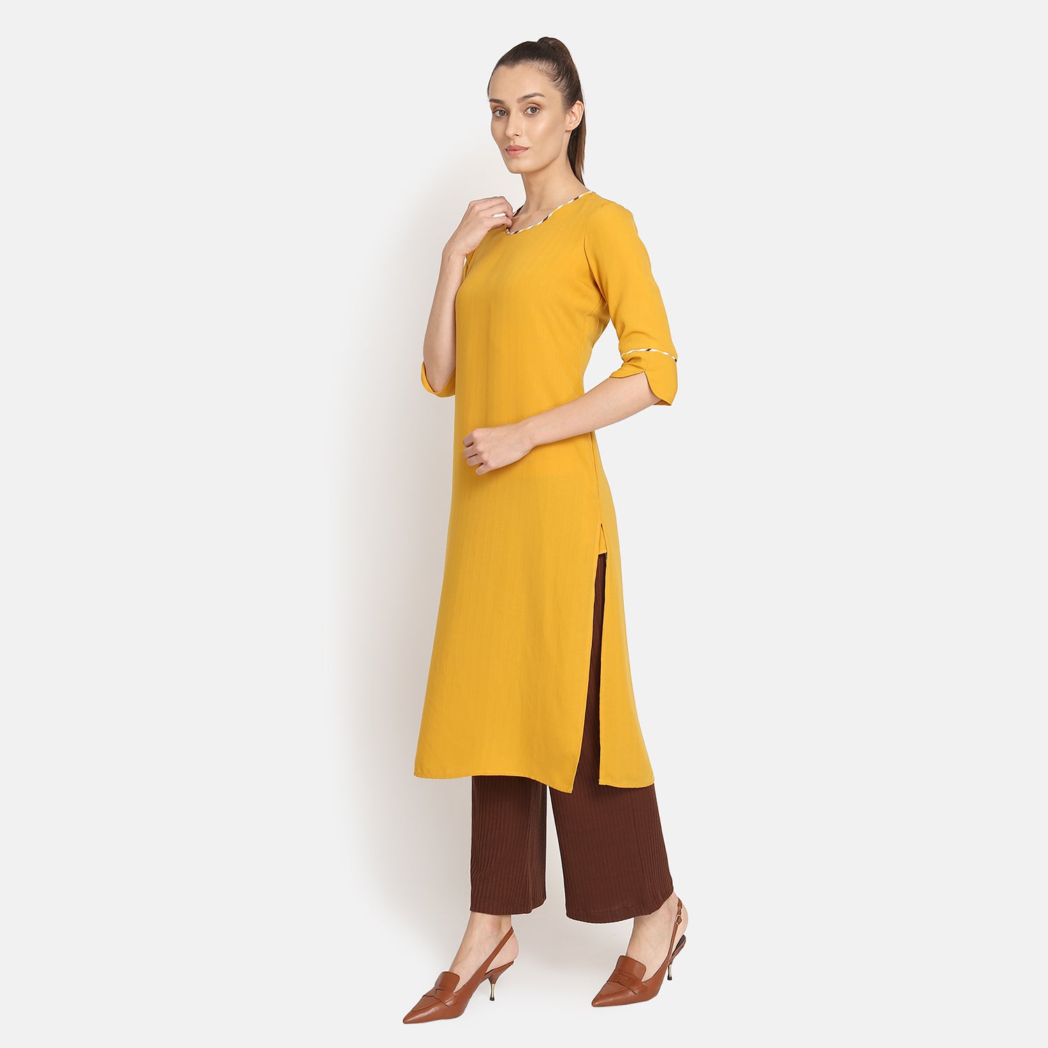 Yellow Round Neck Kurta for Women-2