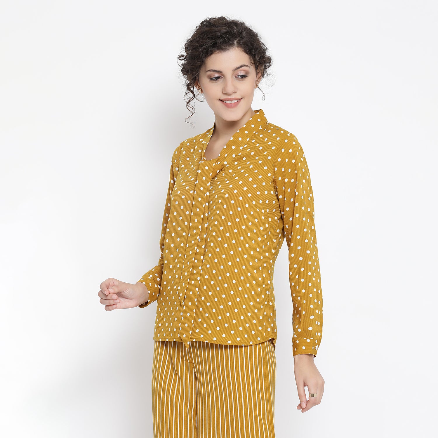 Yellow And White Polka Top for Women-1