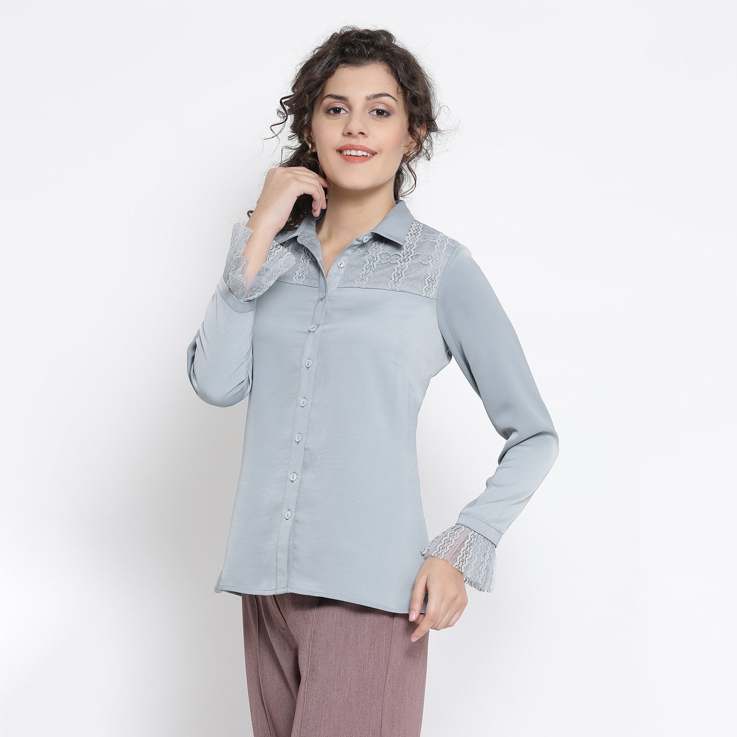 Buy Women Blue Shirt with French Lace-1