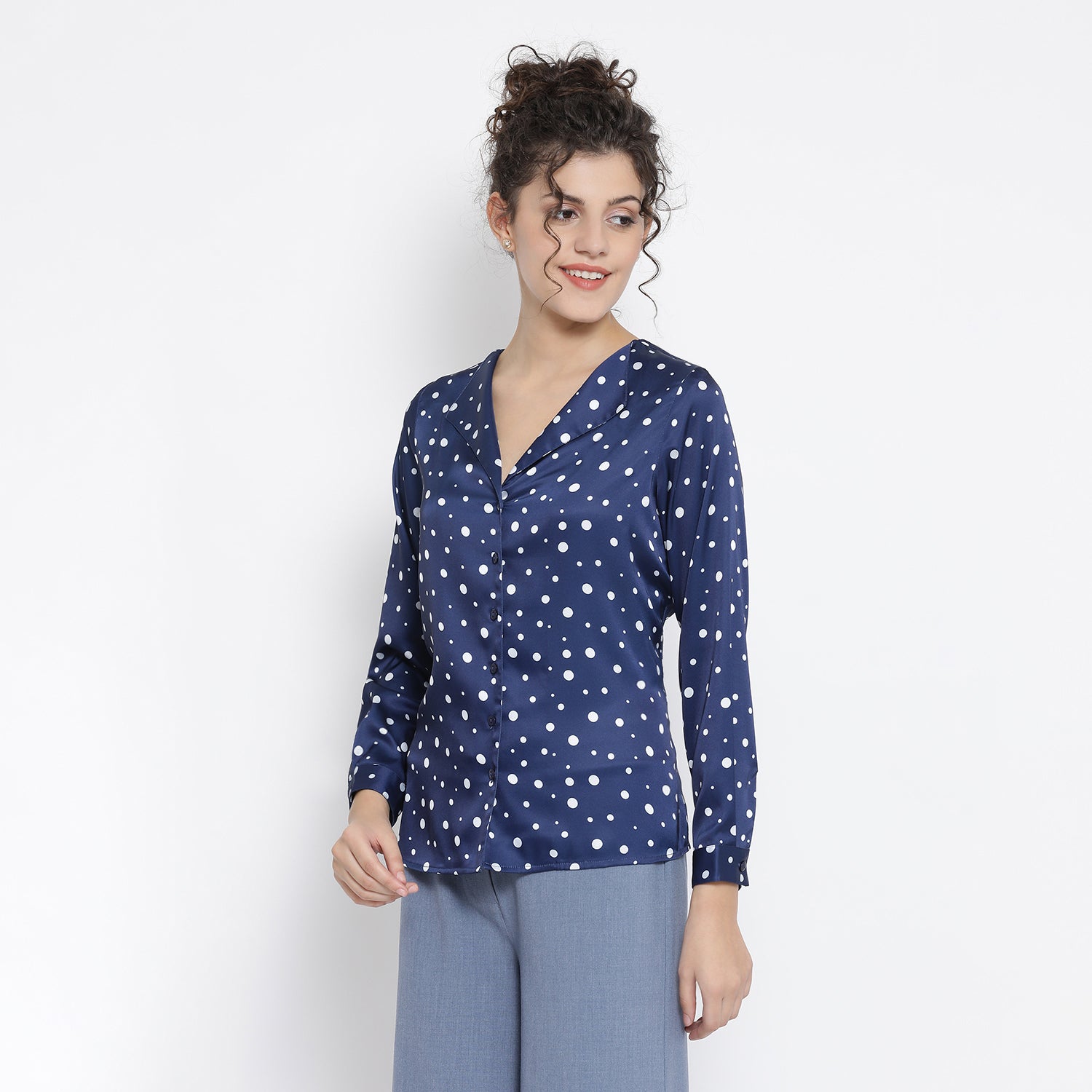 Buy Blue White Silk Polka Top for Women-1