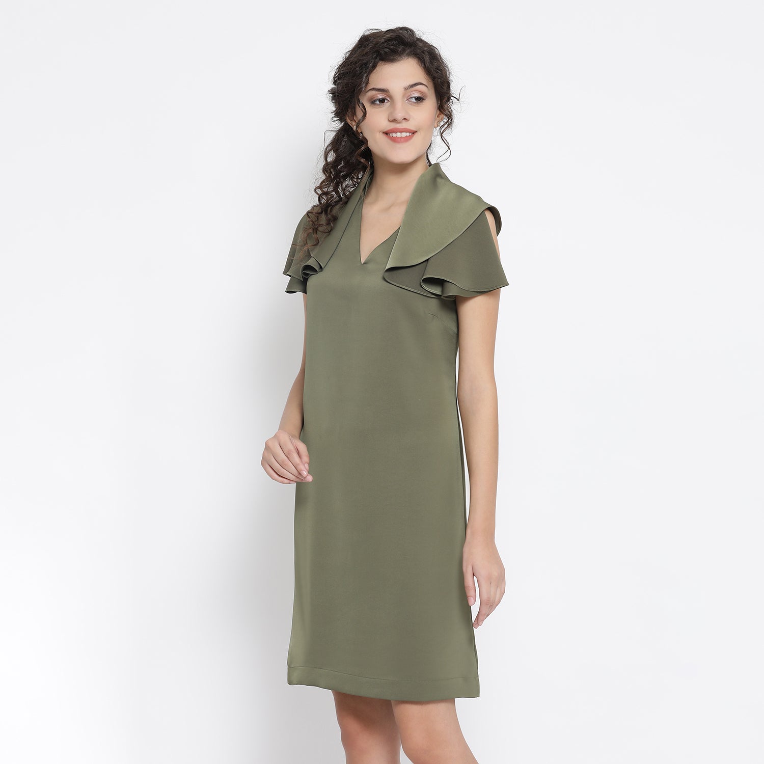 Olive Green Drape Sleeve Dresses for Women-1
