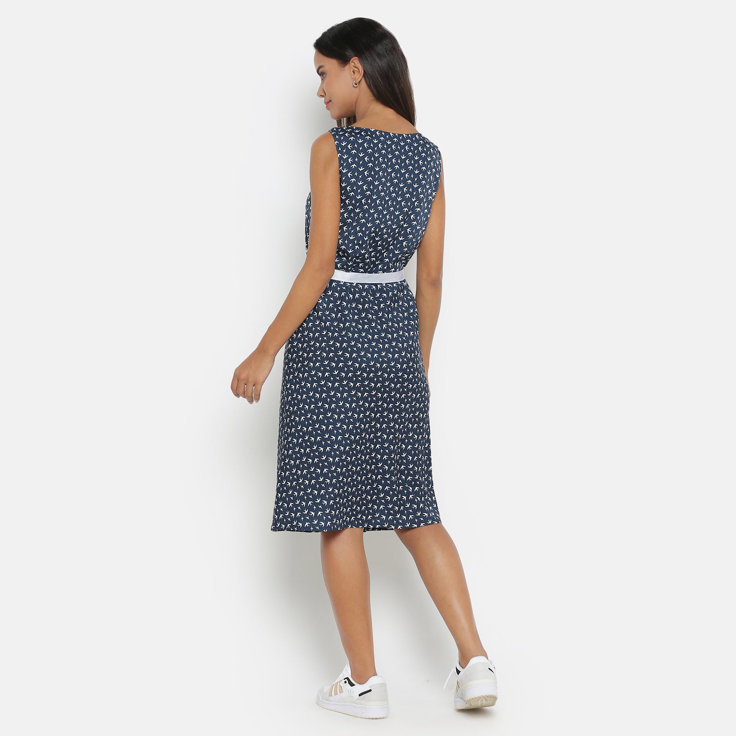 Blue Bird Printed Sleeveless Dress With White Belt