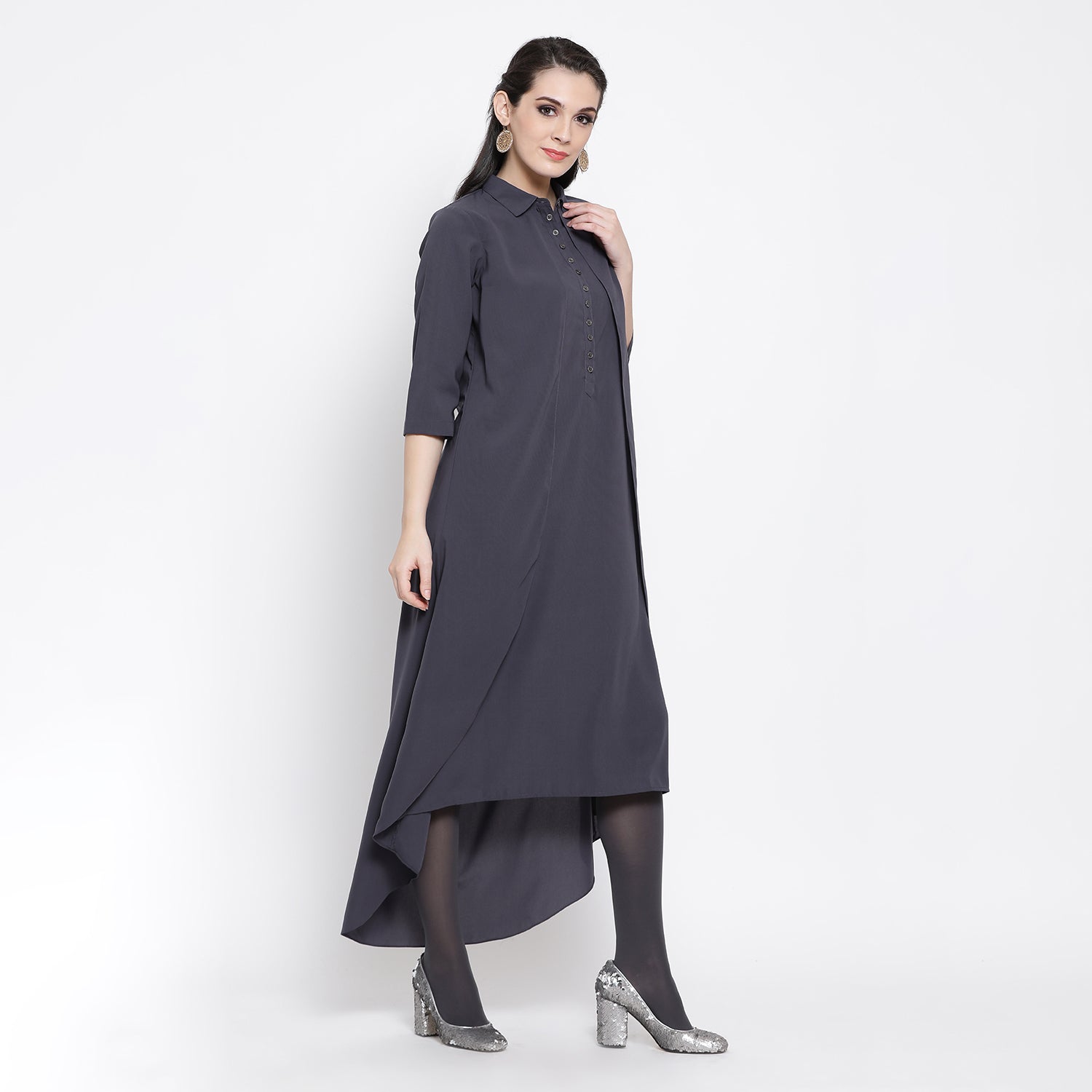 Slate Blue Double Layer Asymmetrical Long Dress