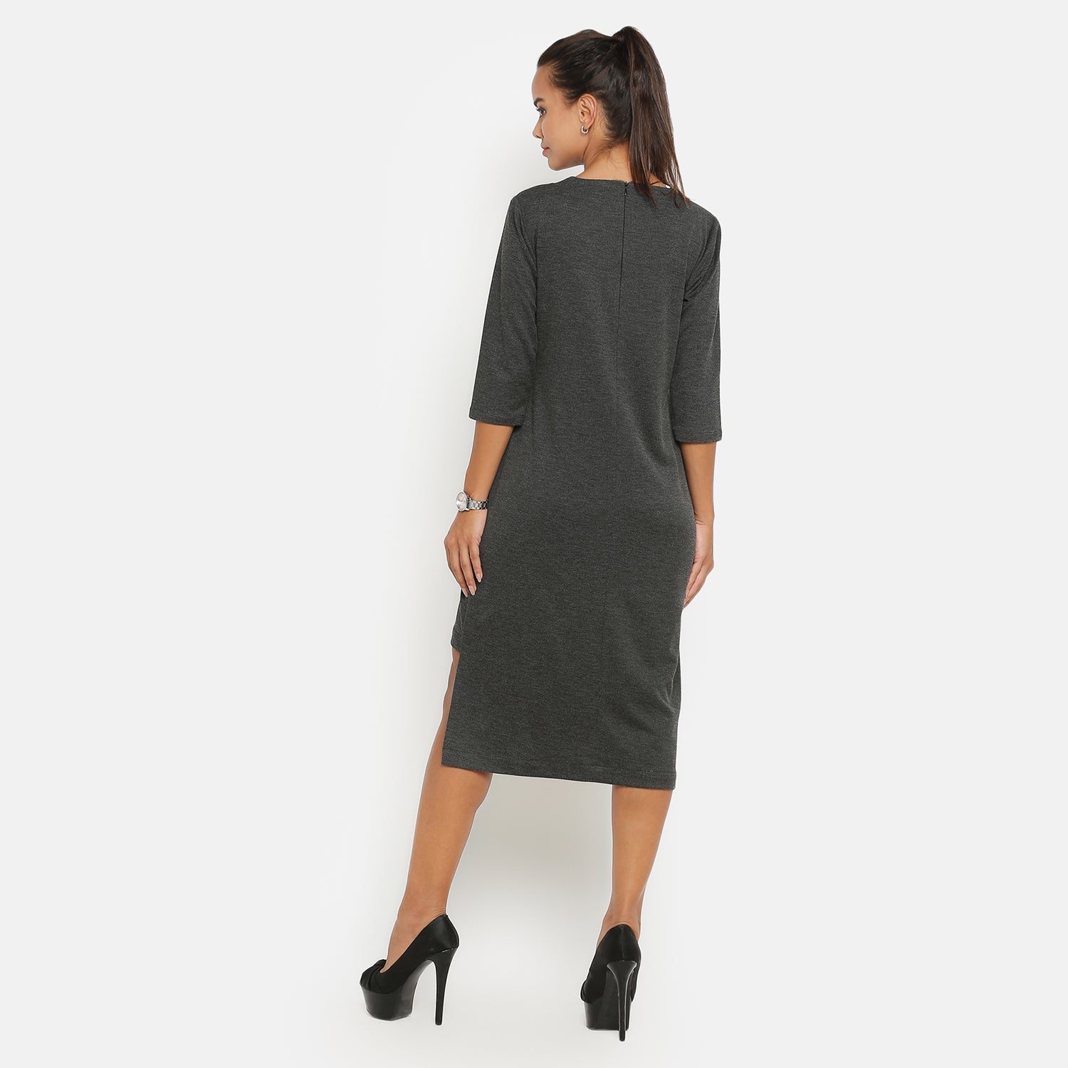 Dark Grey Knit Keyhole Asymmetric Dresses for Ladies-2