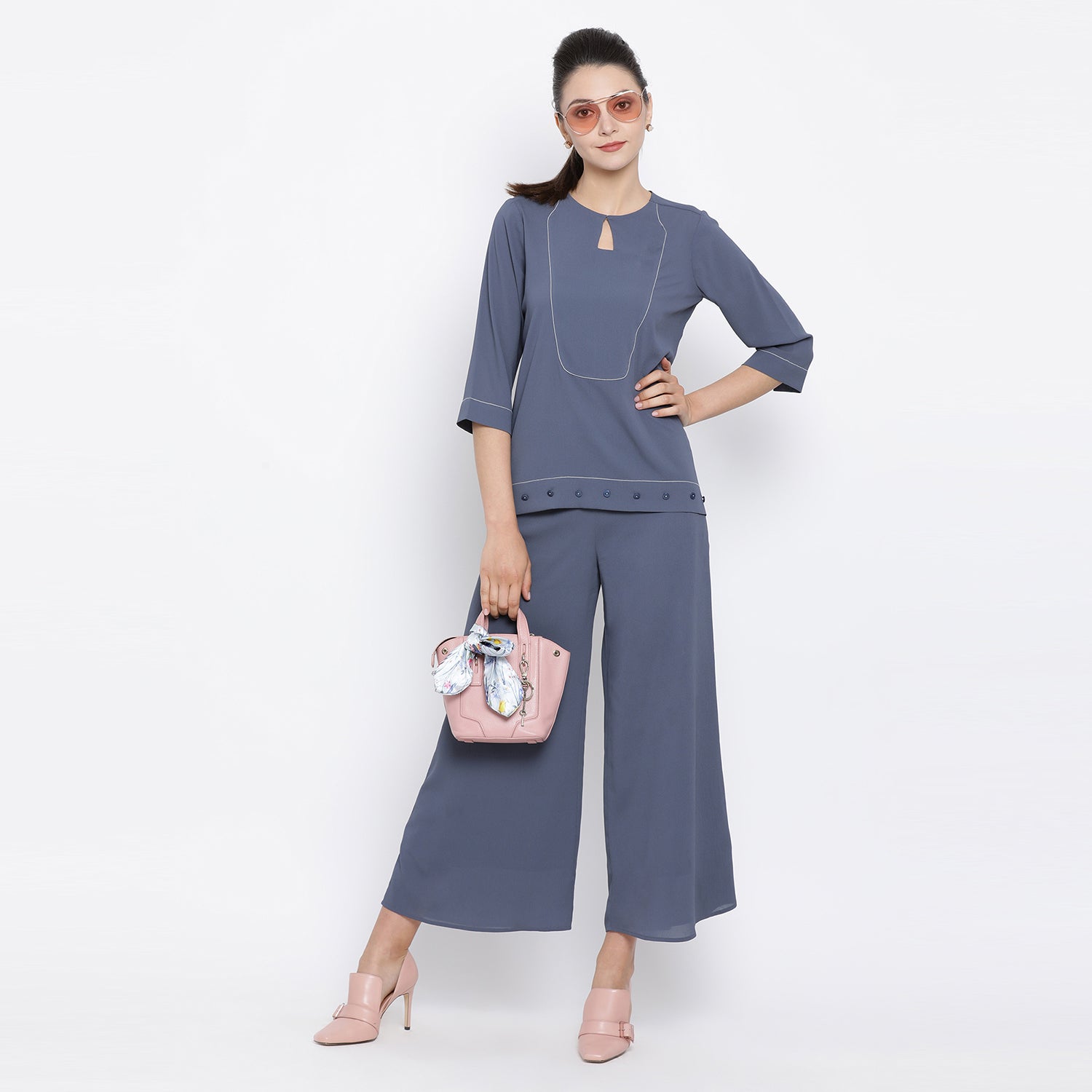 Stone Blue Crepe Office Wear Tops for Ladies-2