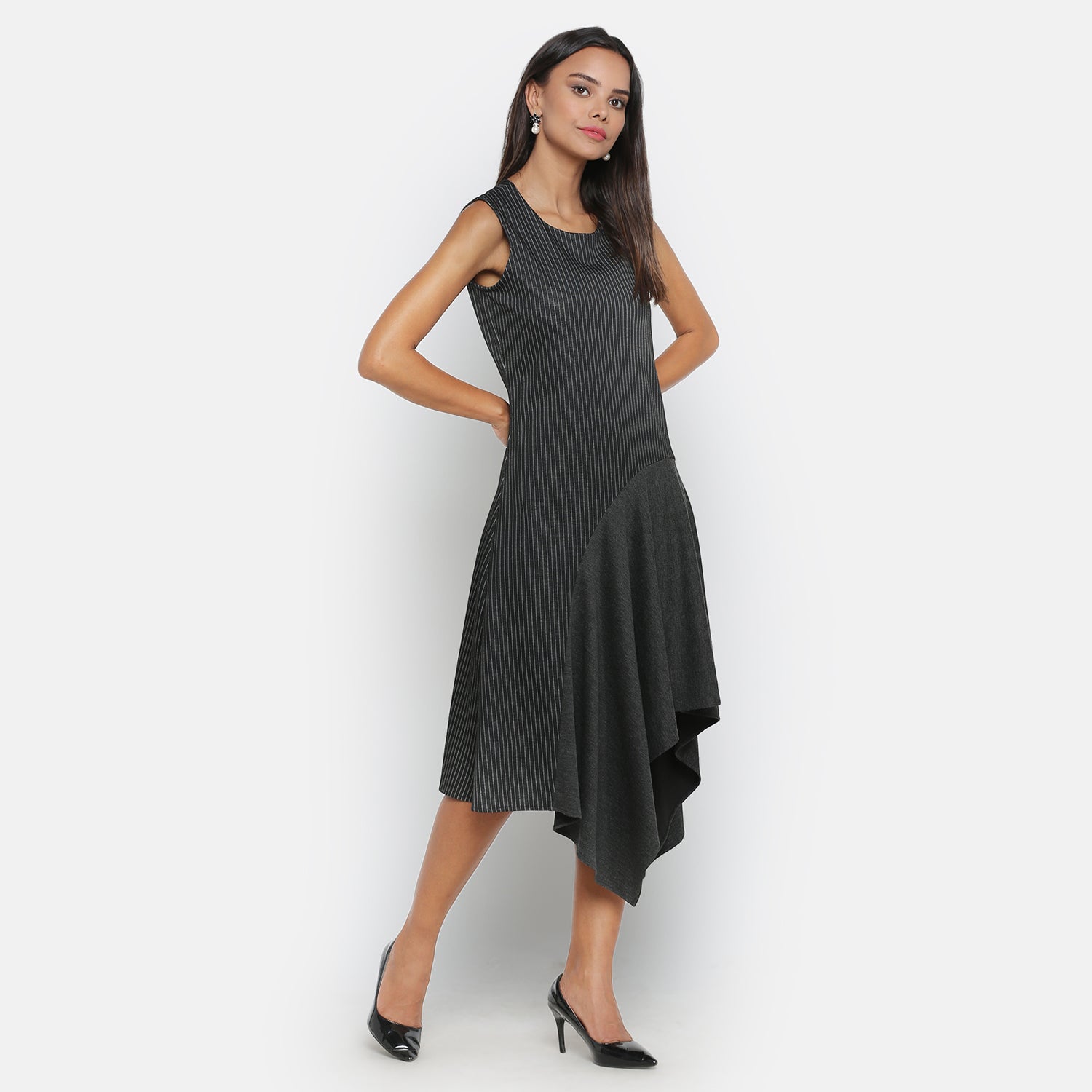Black Line & Dark Grey Asymmetric Dresses for Women -4