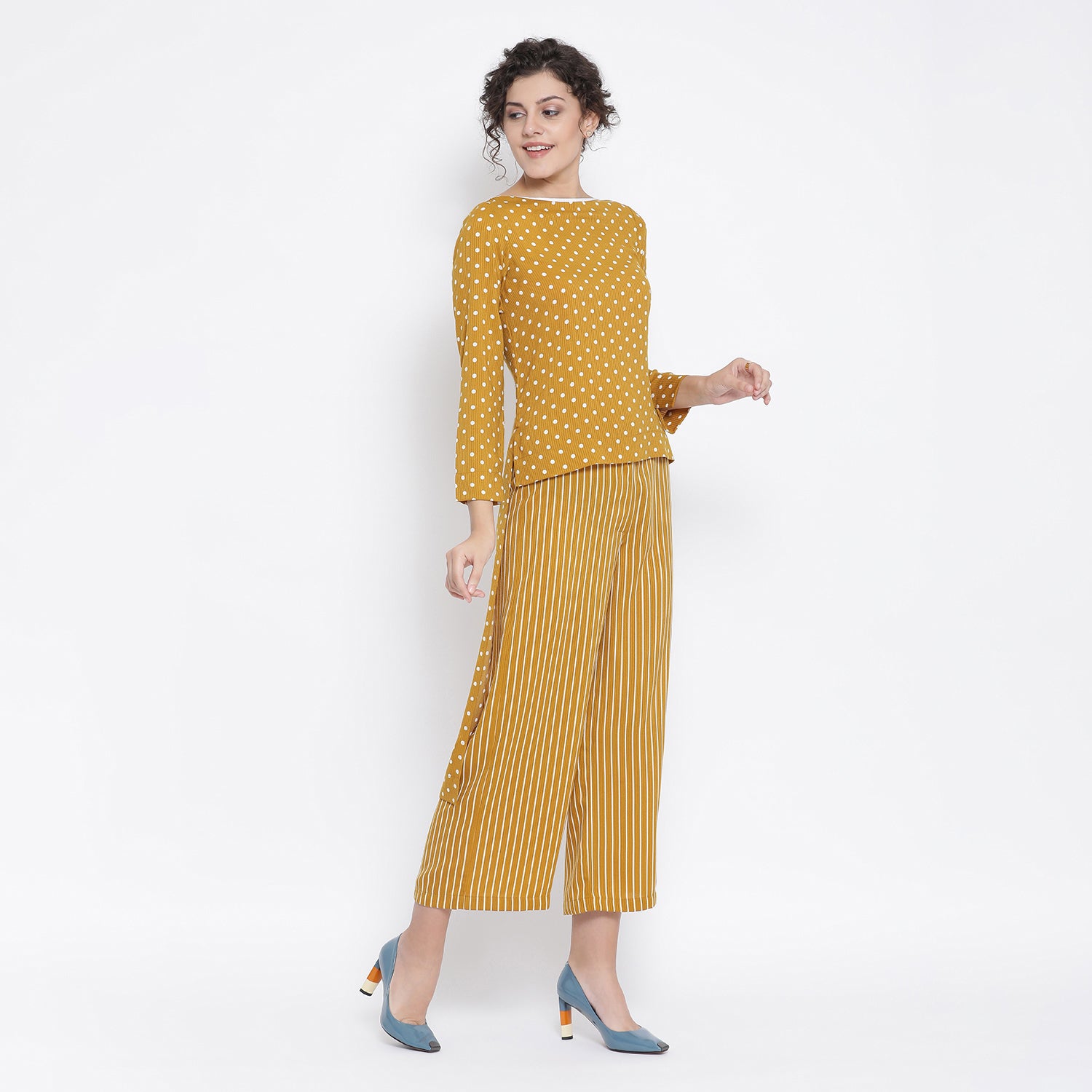 Yellow And White Polka Dot Tunic for Women -2