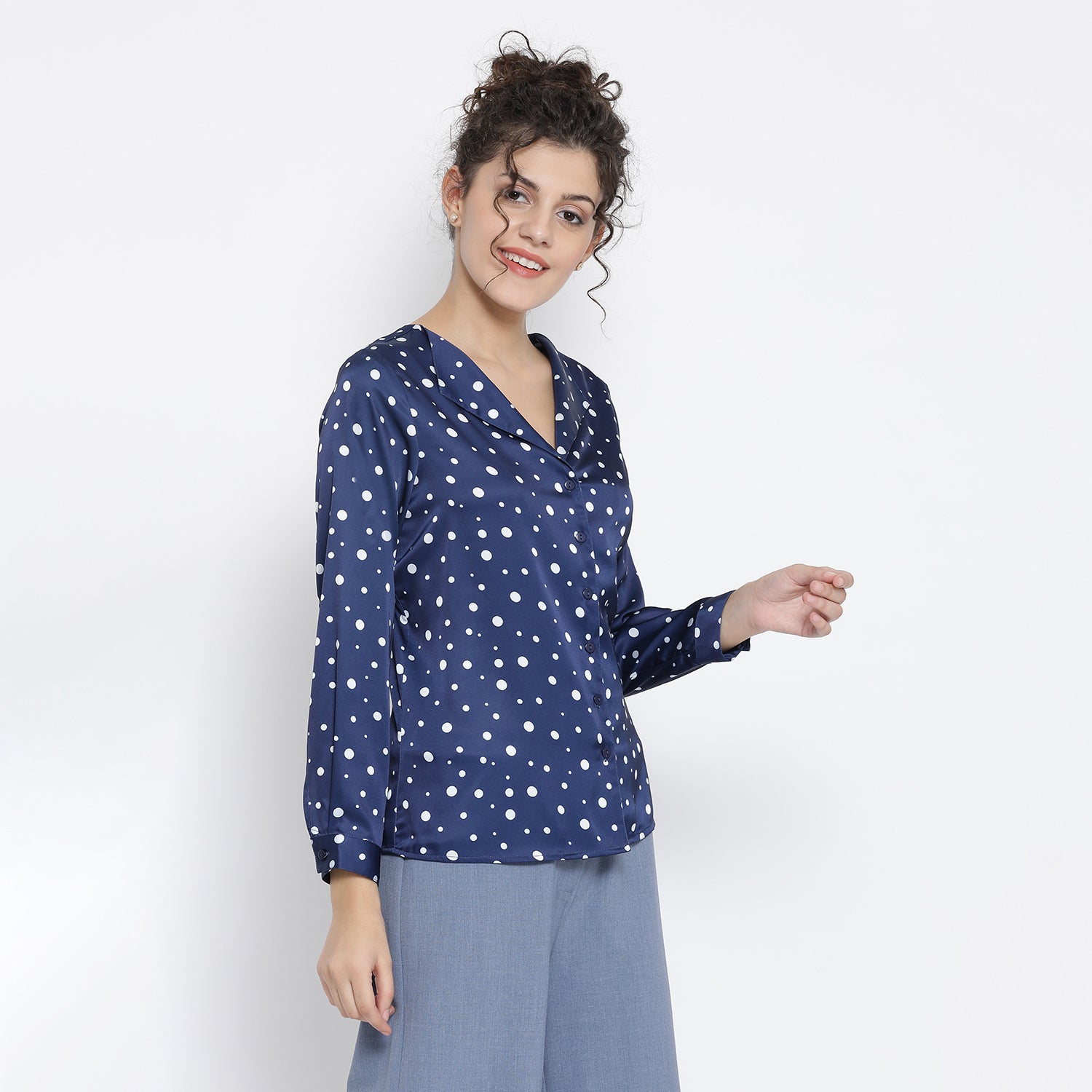 Buy Blue White Silk Polka Top for Women-2
