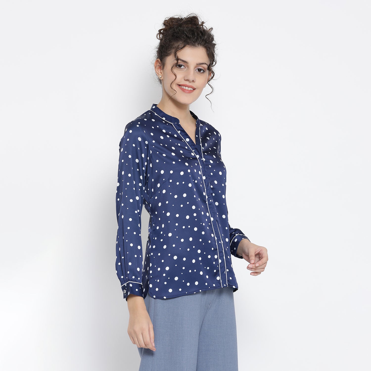 Buy Blue White Silk Polka Top for Women-1