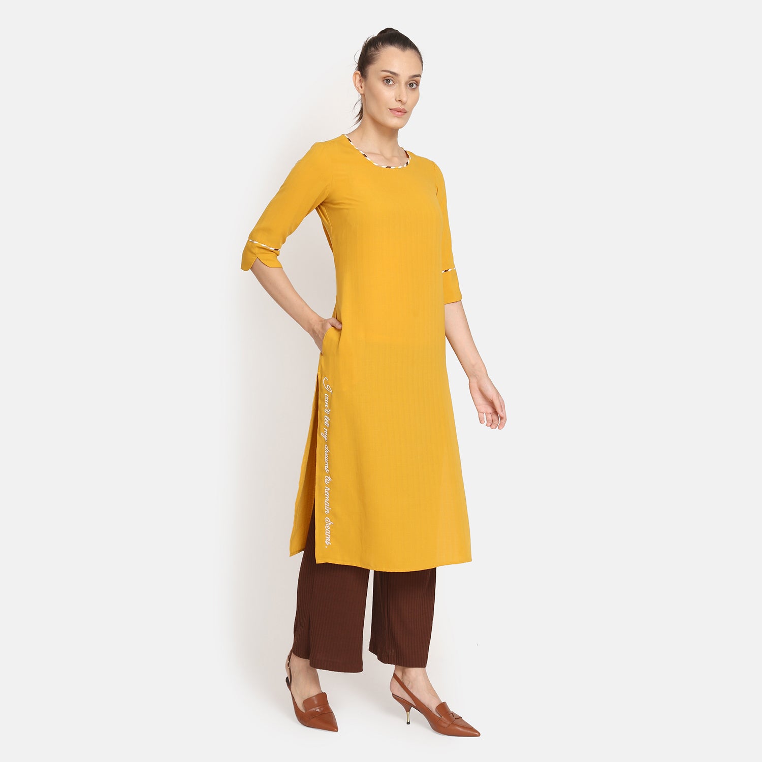 Yellow Round Neck Kurta for Women-1