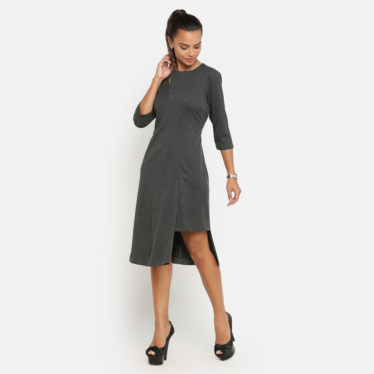 Dark Grey Knit Keyhole Asymmetric Dresses for Ladies-3