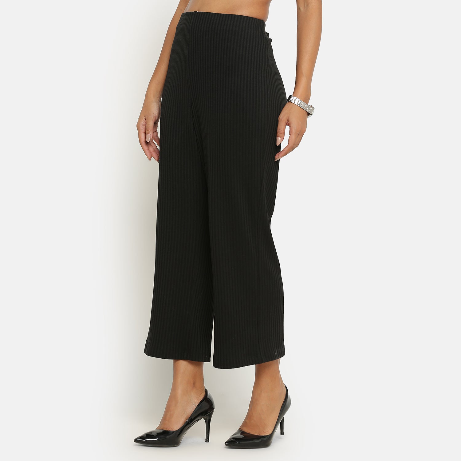 Buy Black Ribbed Plazzo for Women-2