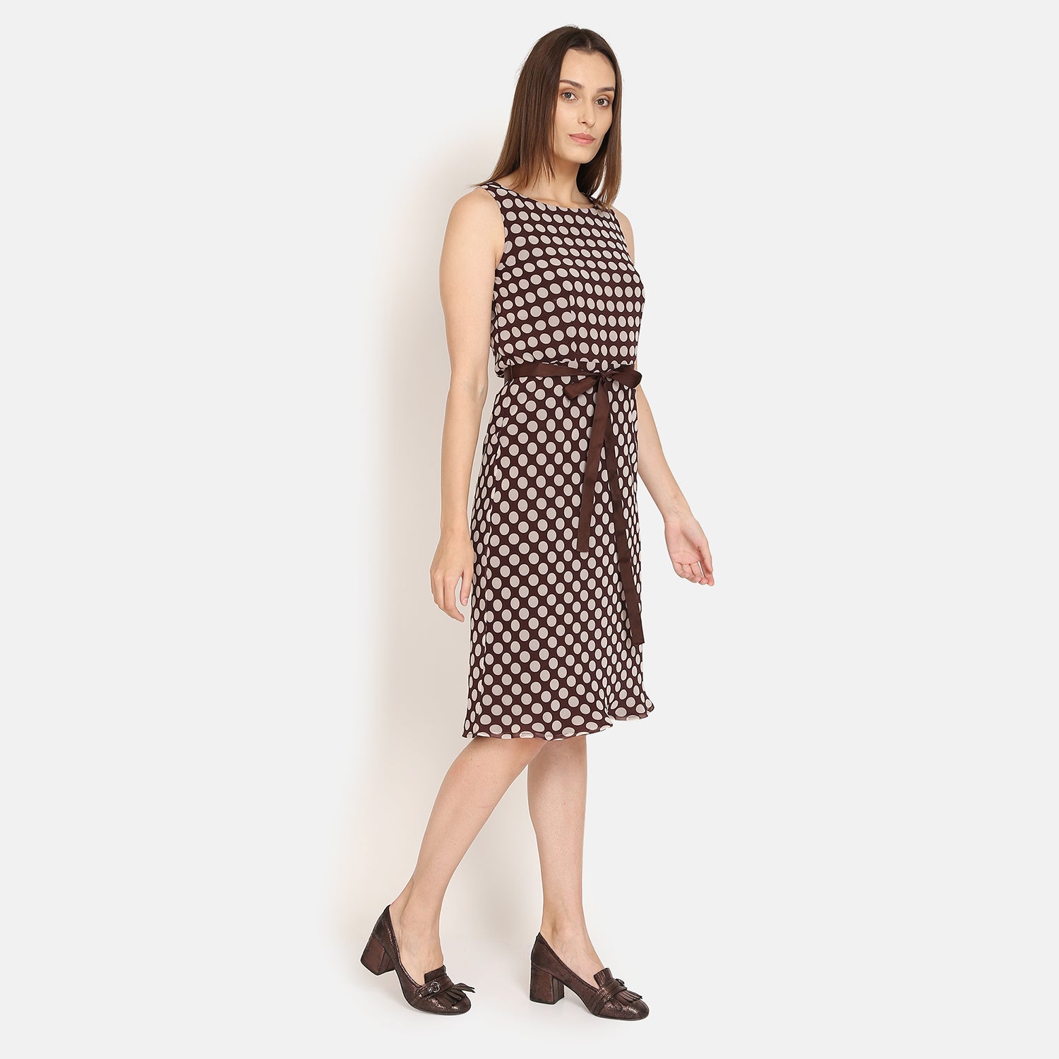 Brown Polka Dot Sleeveless Dress With Brown Belt