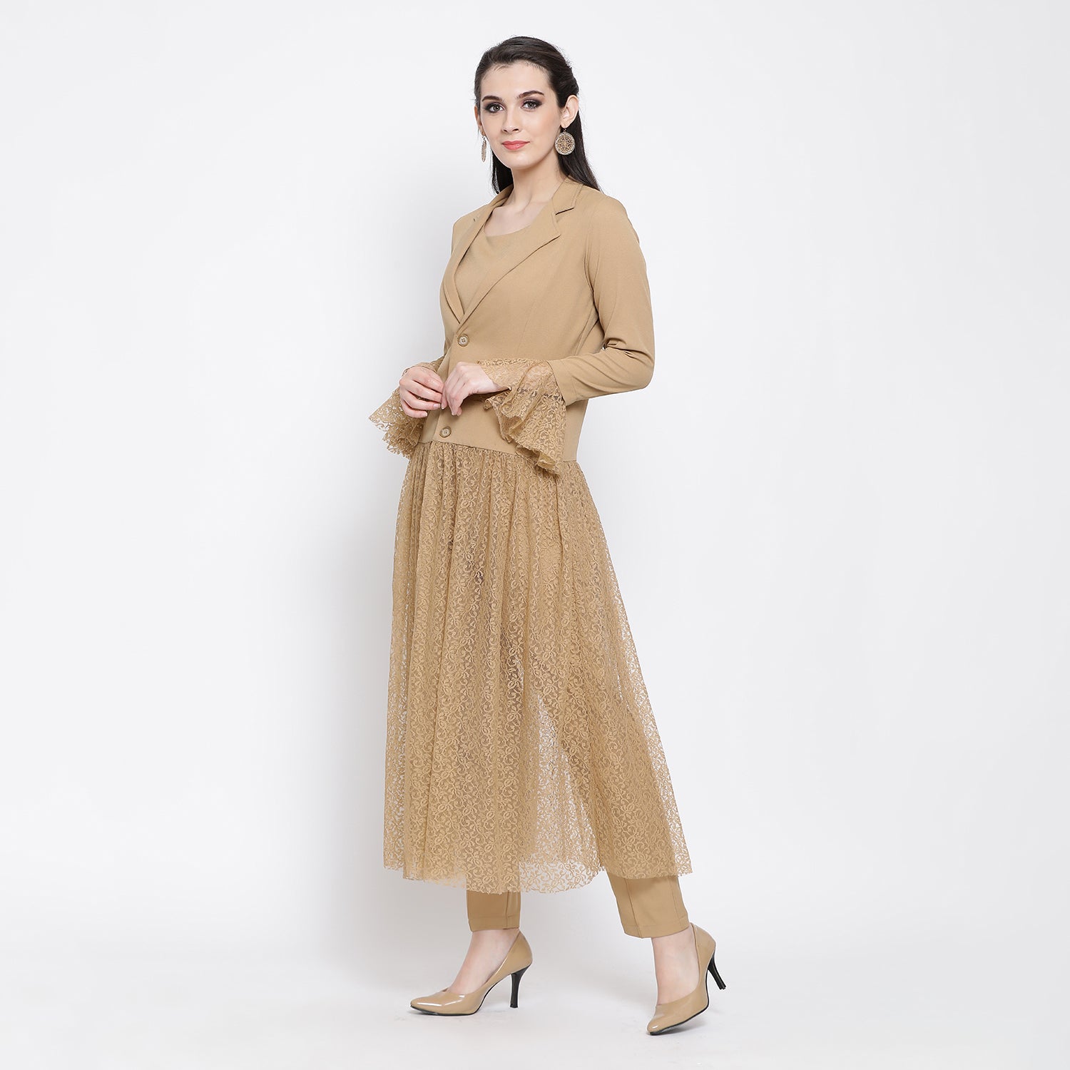 Beige Flower Net Jacket for Women-2