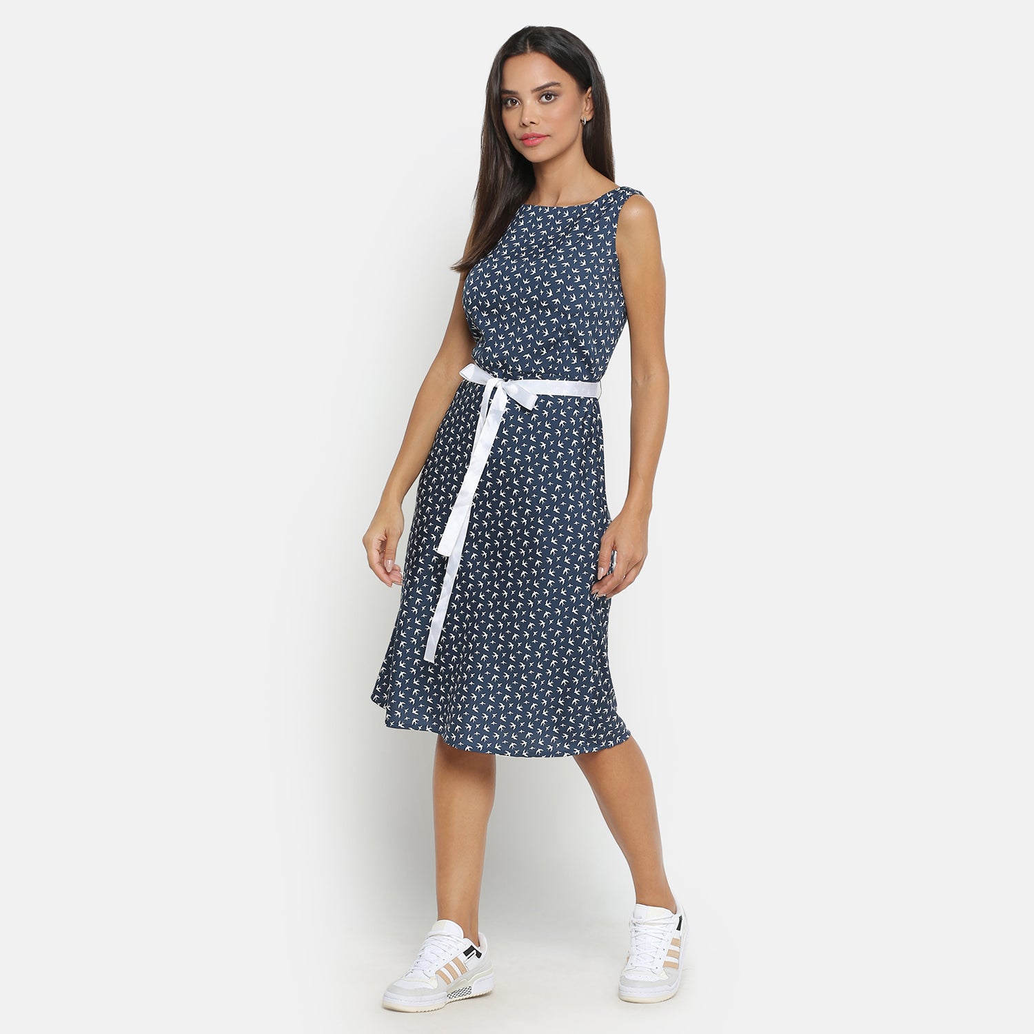 Blue Bird Printed Sleeveless Dress With White Belt