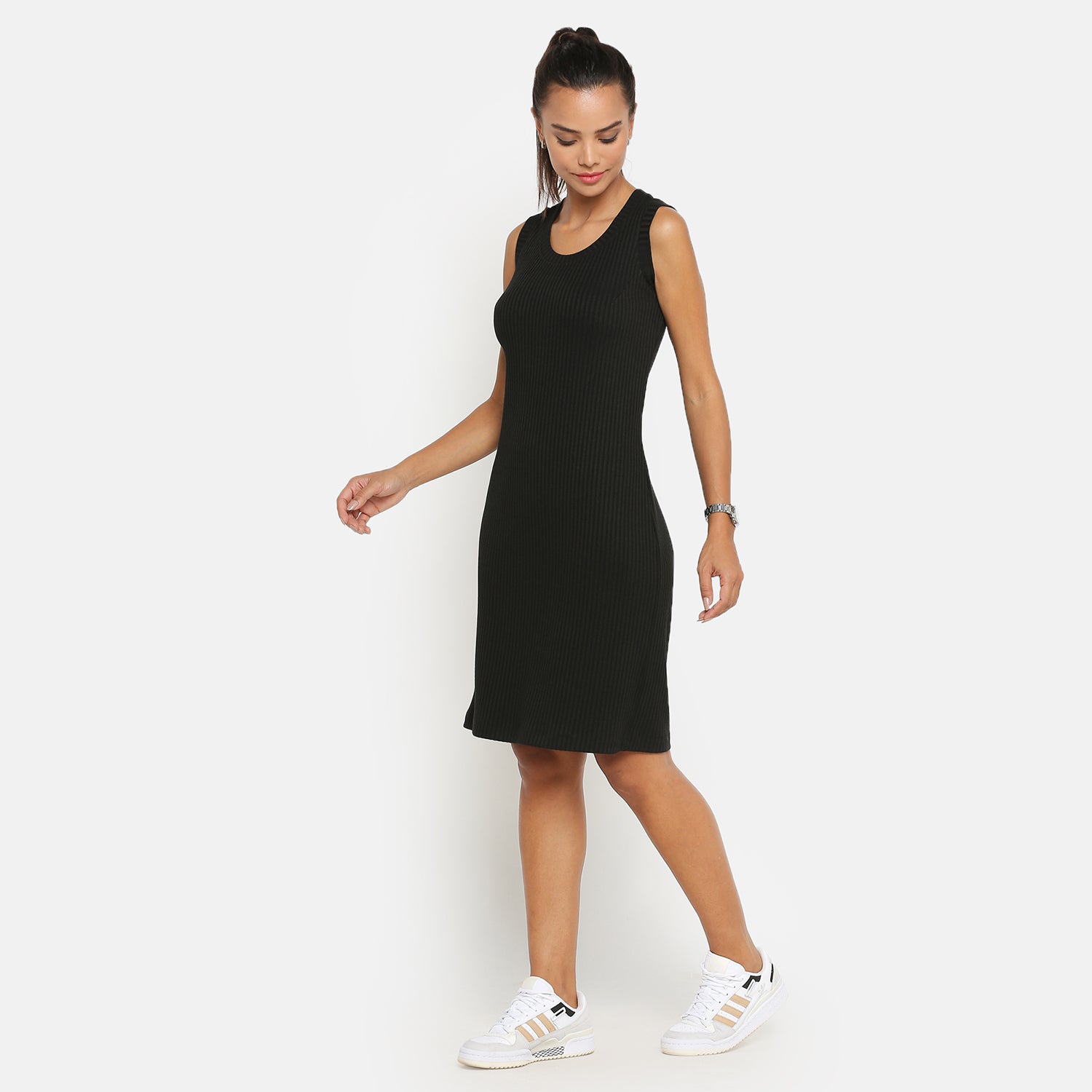Buy Black Ribbed Fitted Dresses for Women -3