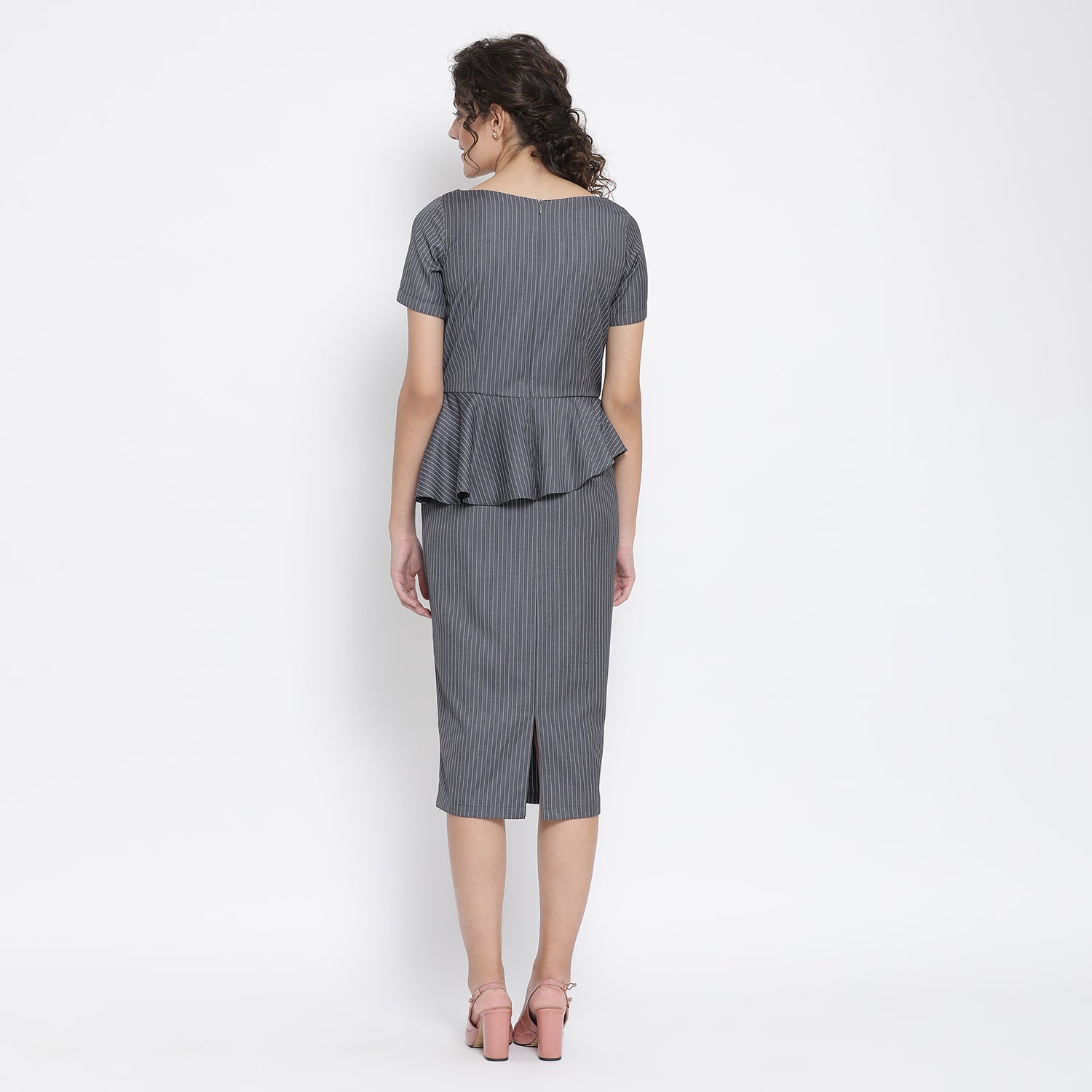 Grey Stripe Peplum Long Office Wear Dresses for Women-2