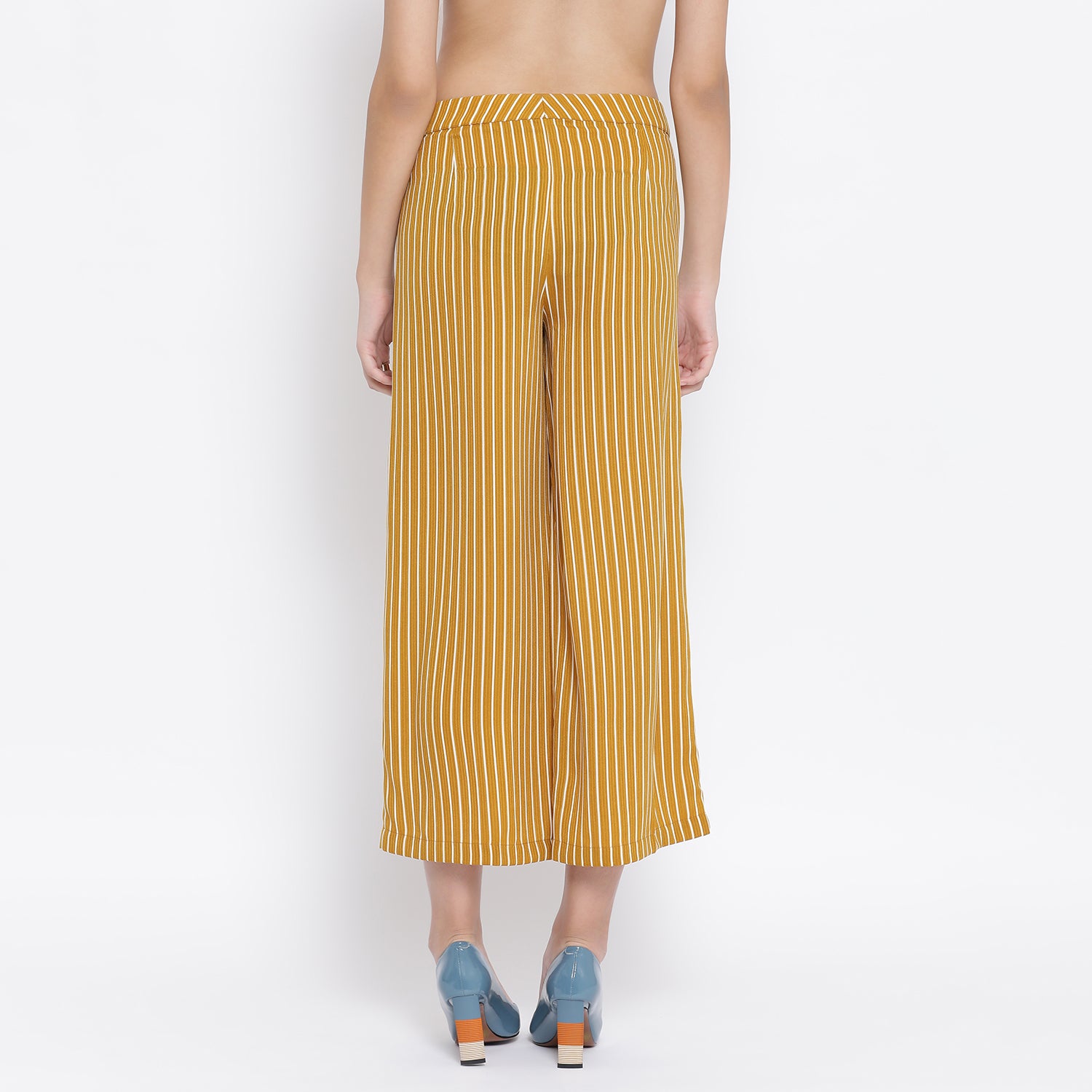 Yellow & White Stripe Crepe Trouser for Women-2