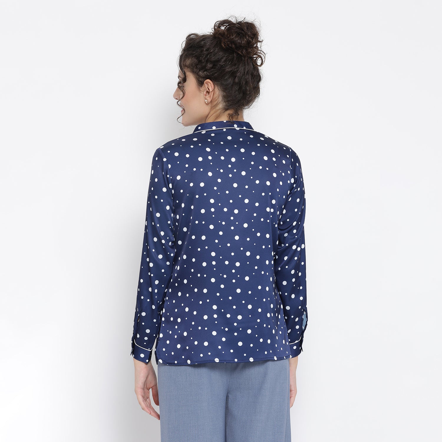 Buy Blue White Silk Polka Top for Women-2