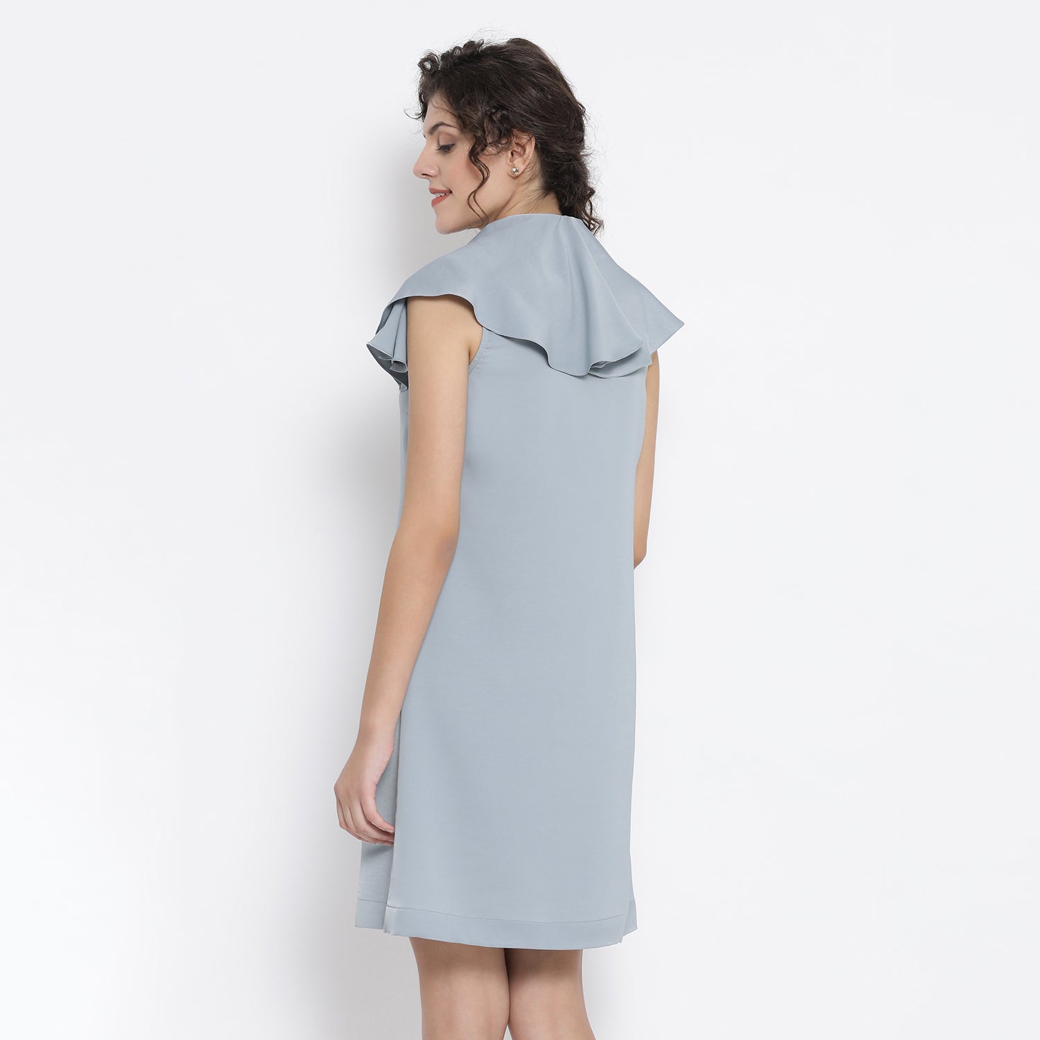 Blue Drape Sleeve Women Dresses for Office Wear-3