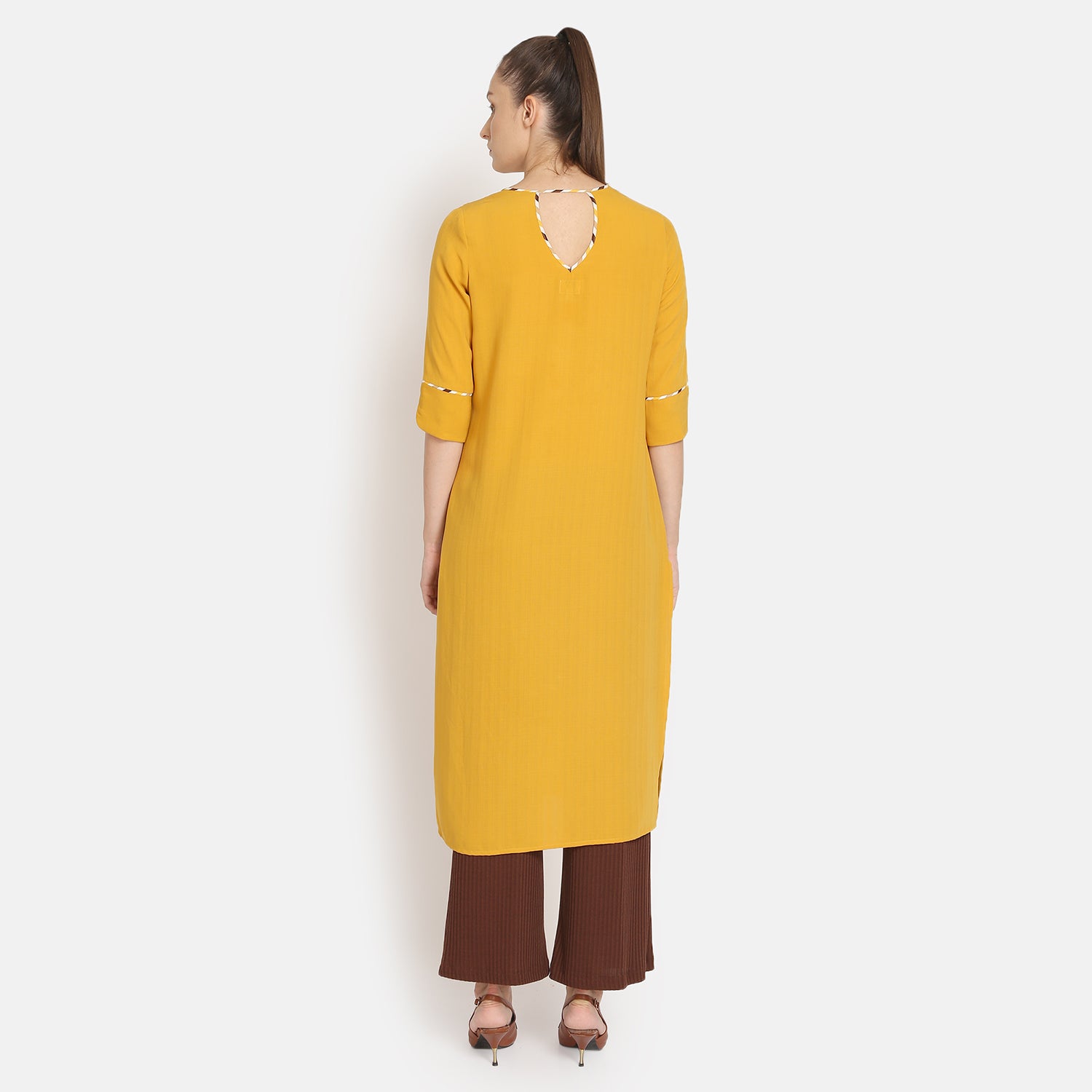 Yellow Round Neck Kurta for Women-4