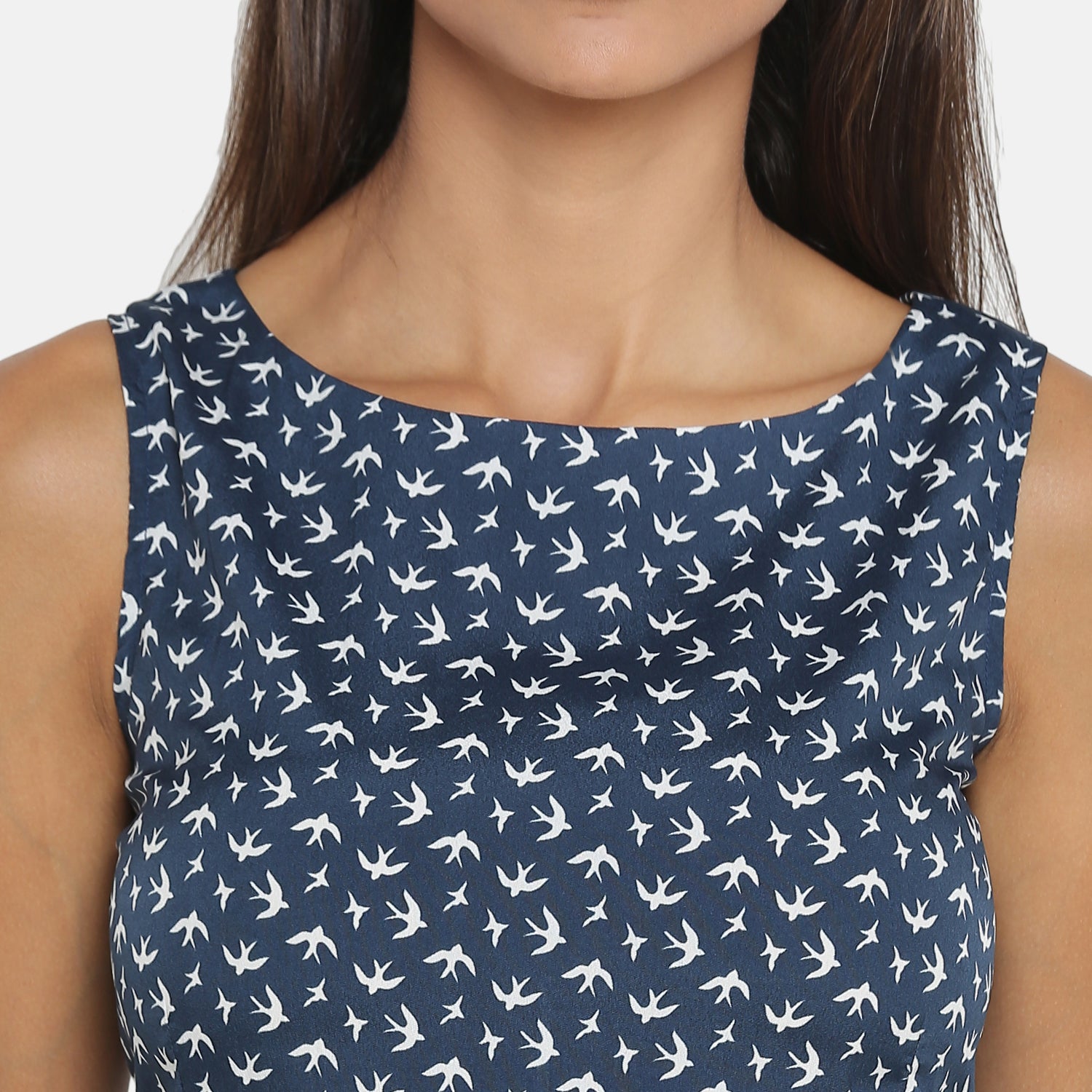 Blue Bird Printed Sleeveless Dress With White Belt