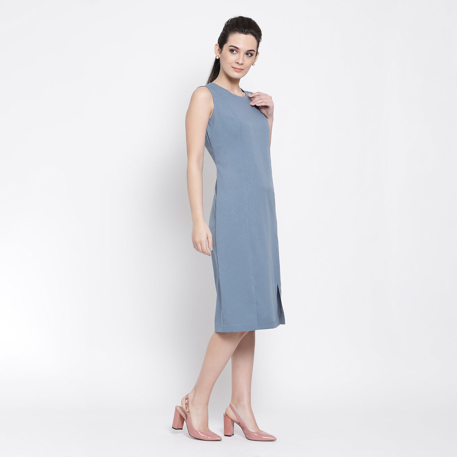 Pastel Blue Women Long Dresses for Office Wear-2