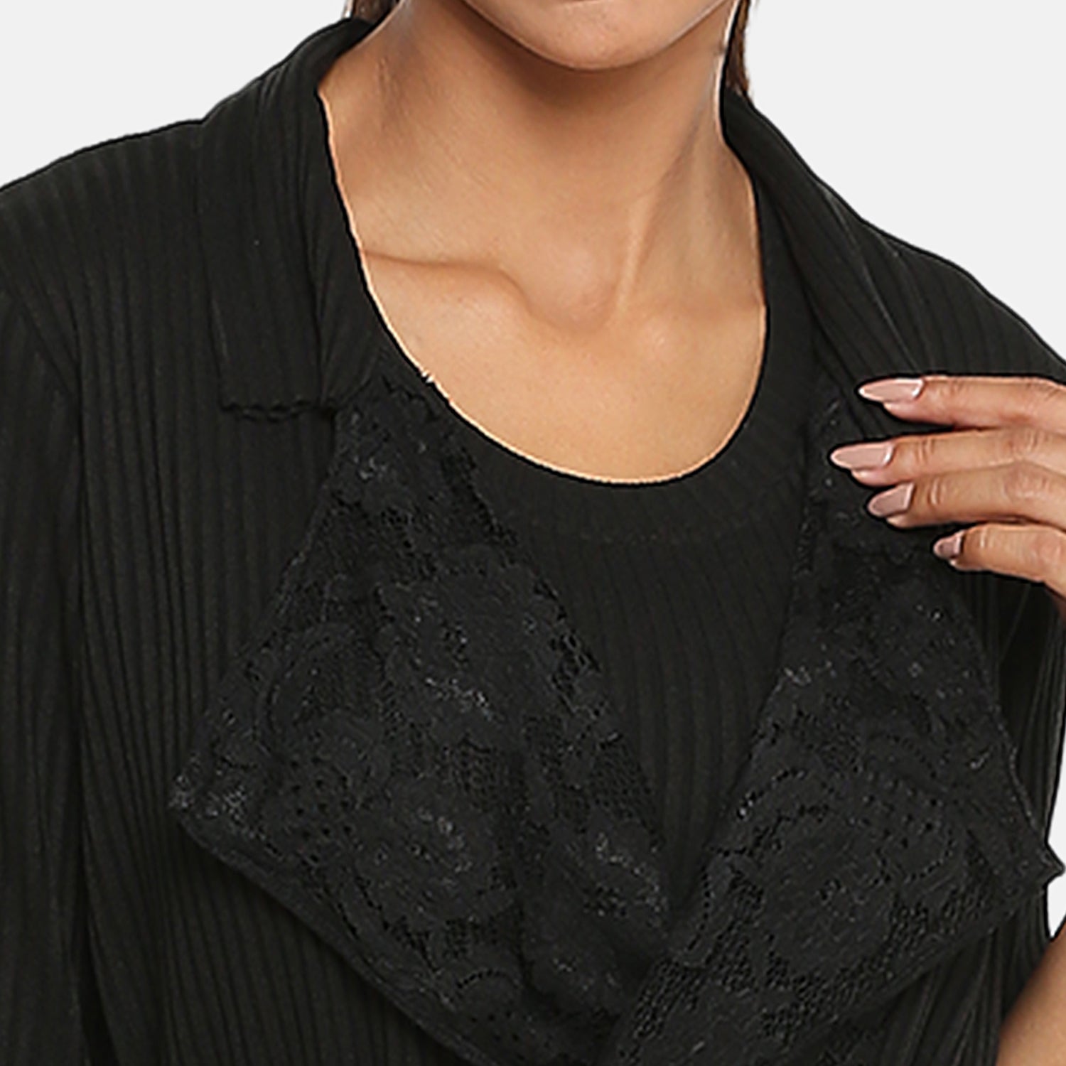 Black Ribbed Long Shrug for Women-5