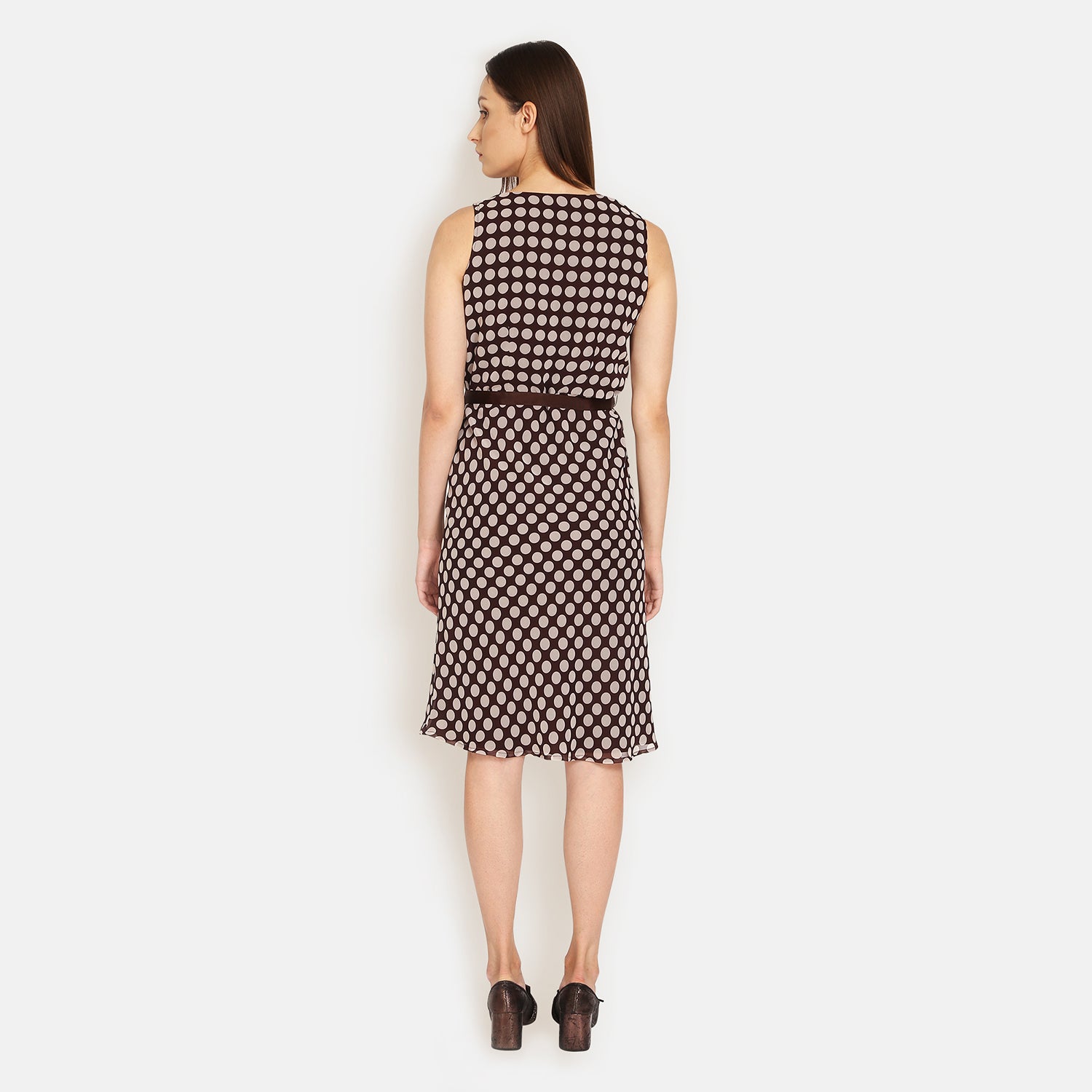 Brown Polka Dot Sleeveless Dress With Brown Belt