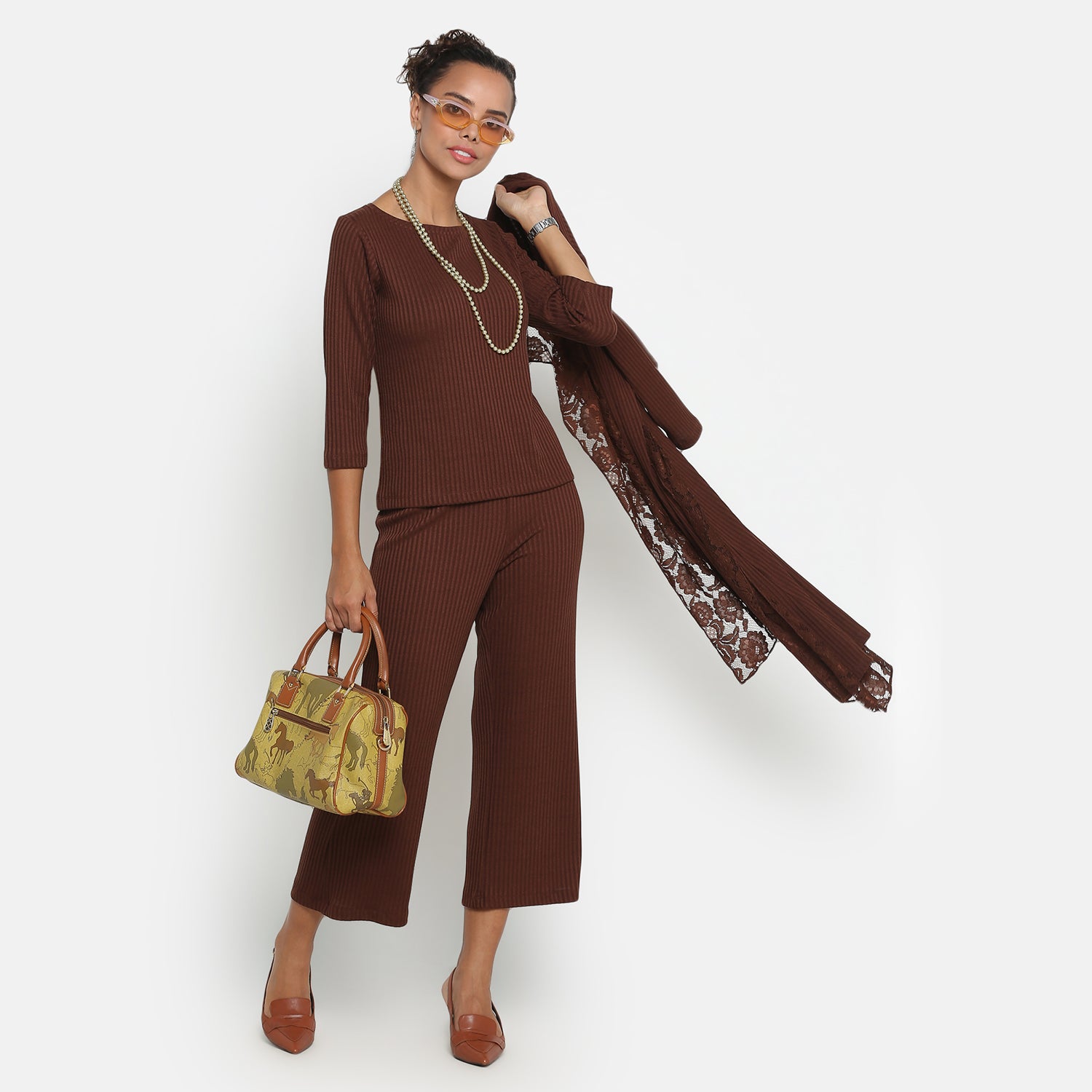 Buy Brown Ribbed Plazzo for Women-5