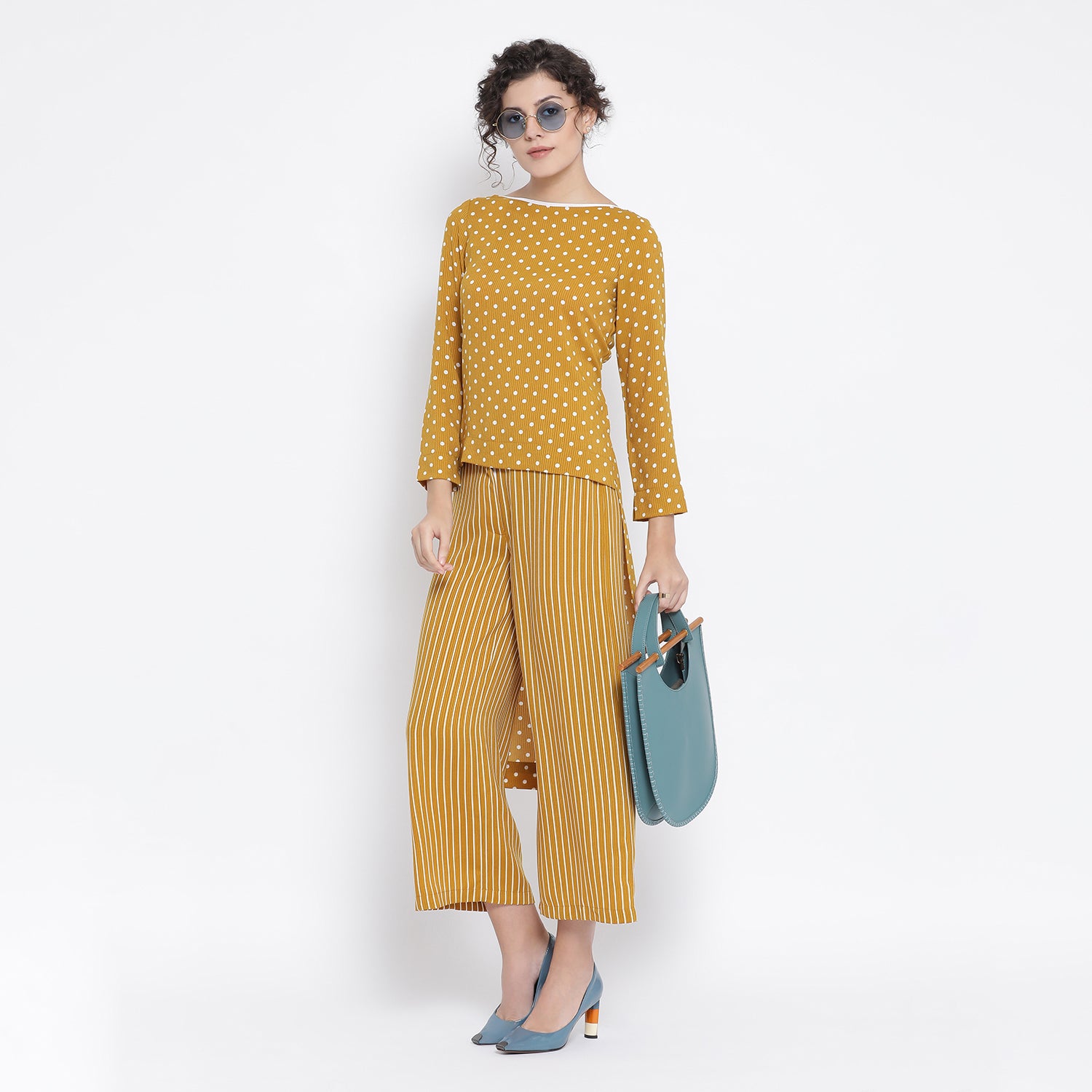 Yellow And White Polka Dot Tunic for Women -3