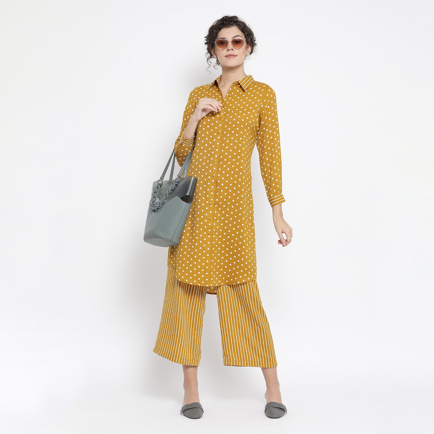 Yellow And White Polka Tunic for Women-3
