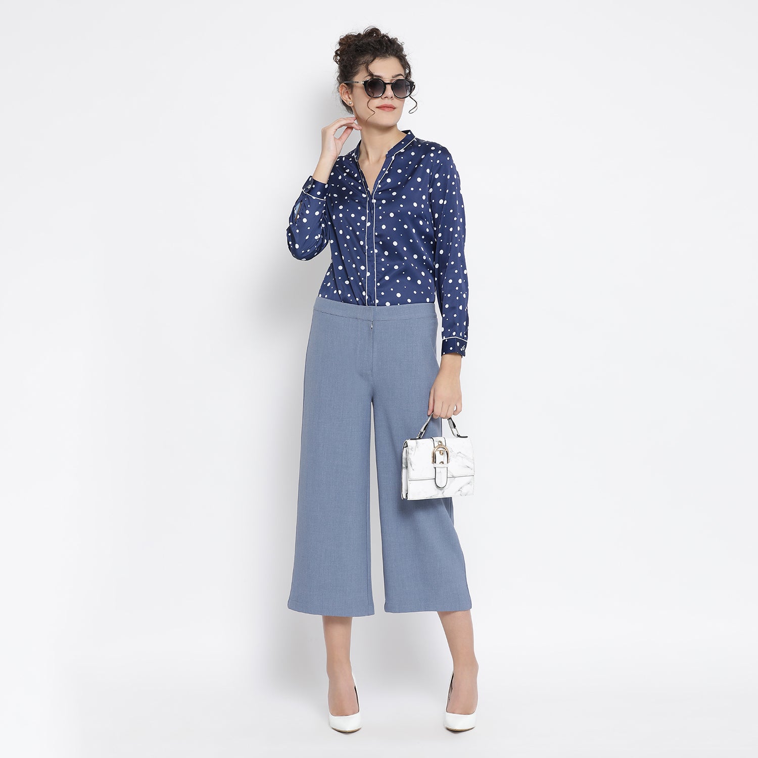 Buy Blue White Silk Polka Top for Women-3