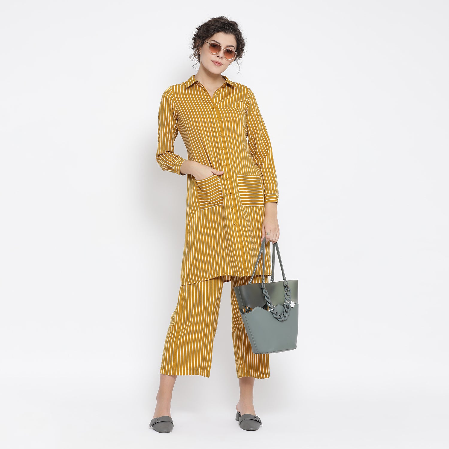 Yellow and White Stripe Dresses for Women-3