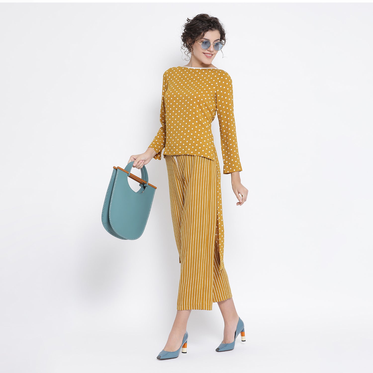 Yellow & White Stripe Crepe Trouser for Women-3